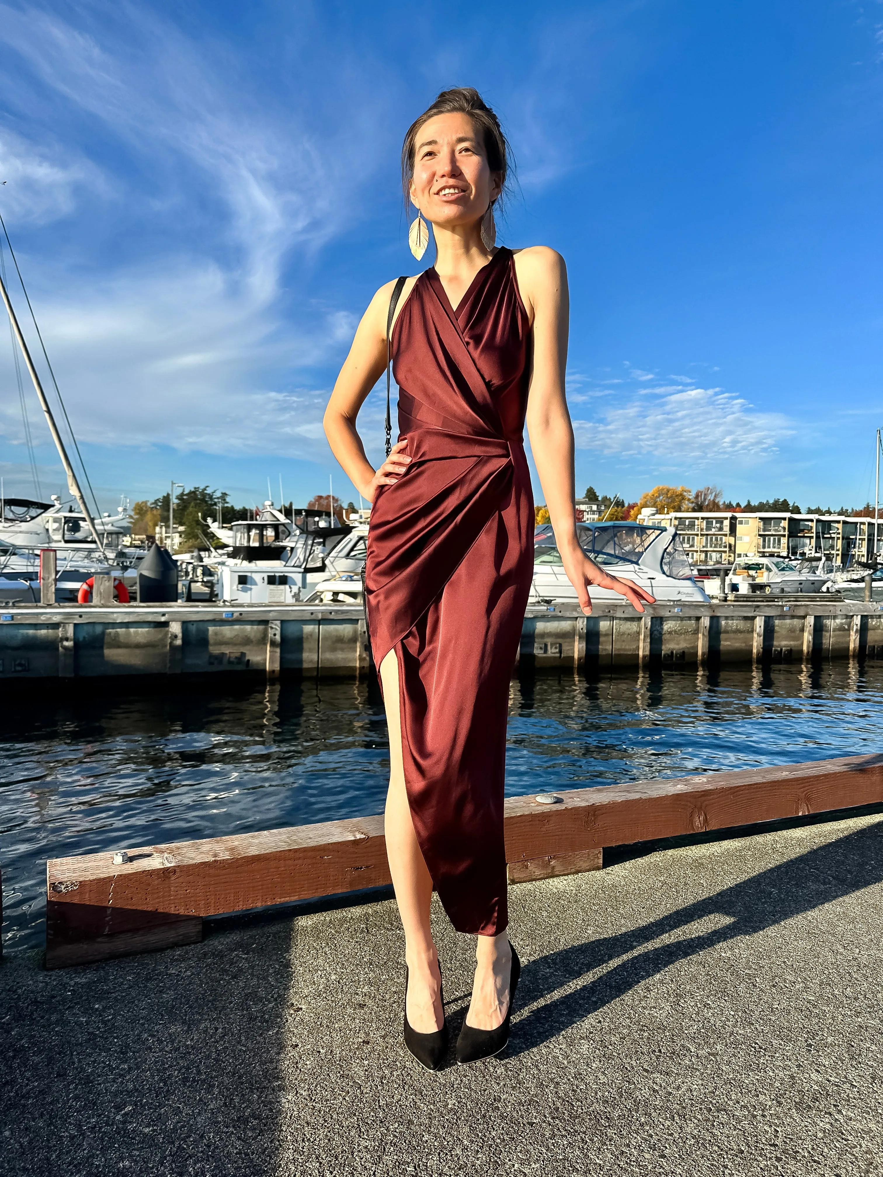 100% Silk Wrap Dress with High Side Slit Burgundy