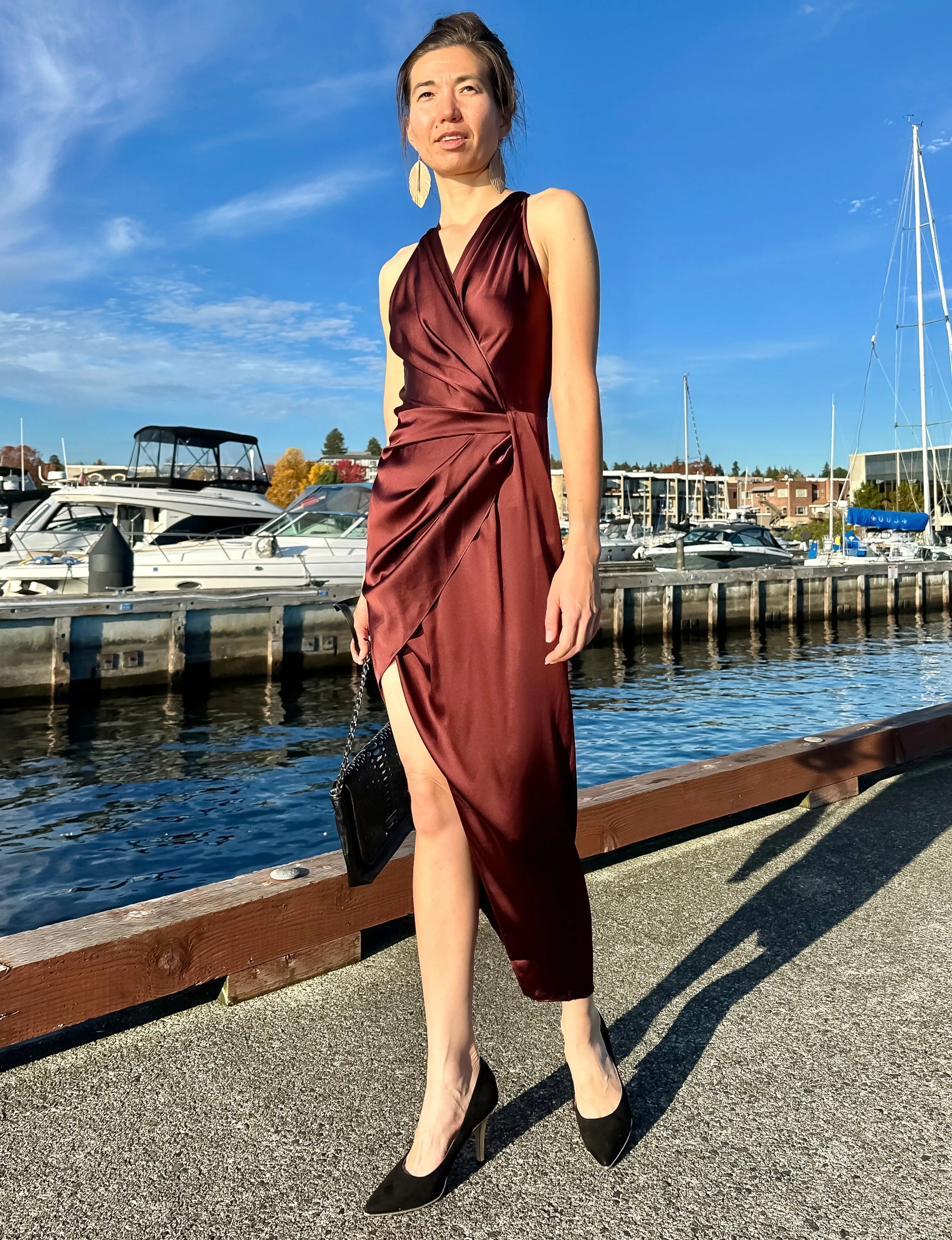 100% Silk Wrap Dress with High Side Slit Burgundy