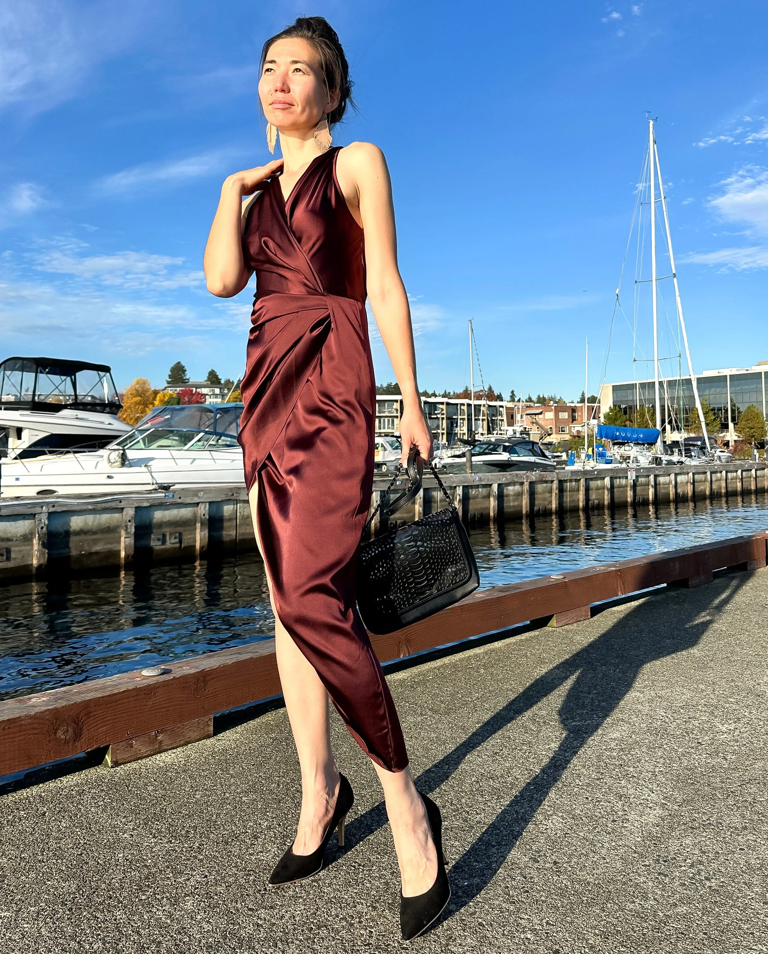 100% Silk Wrap Dress with High Side Slit Burgundy