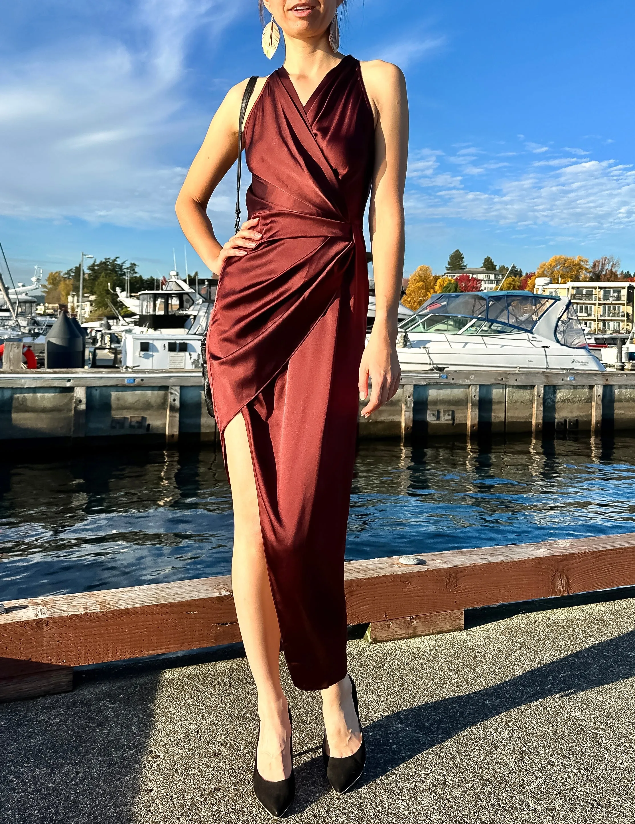 100% Silk Wrap Dress with High Side Slit Burgundy