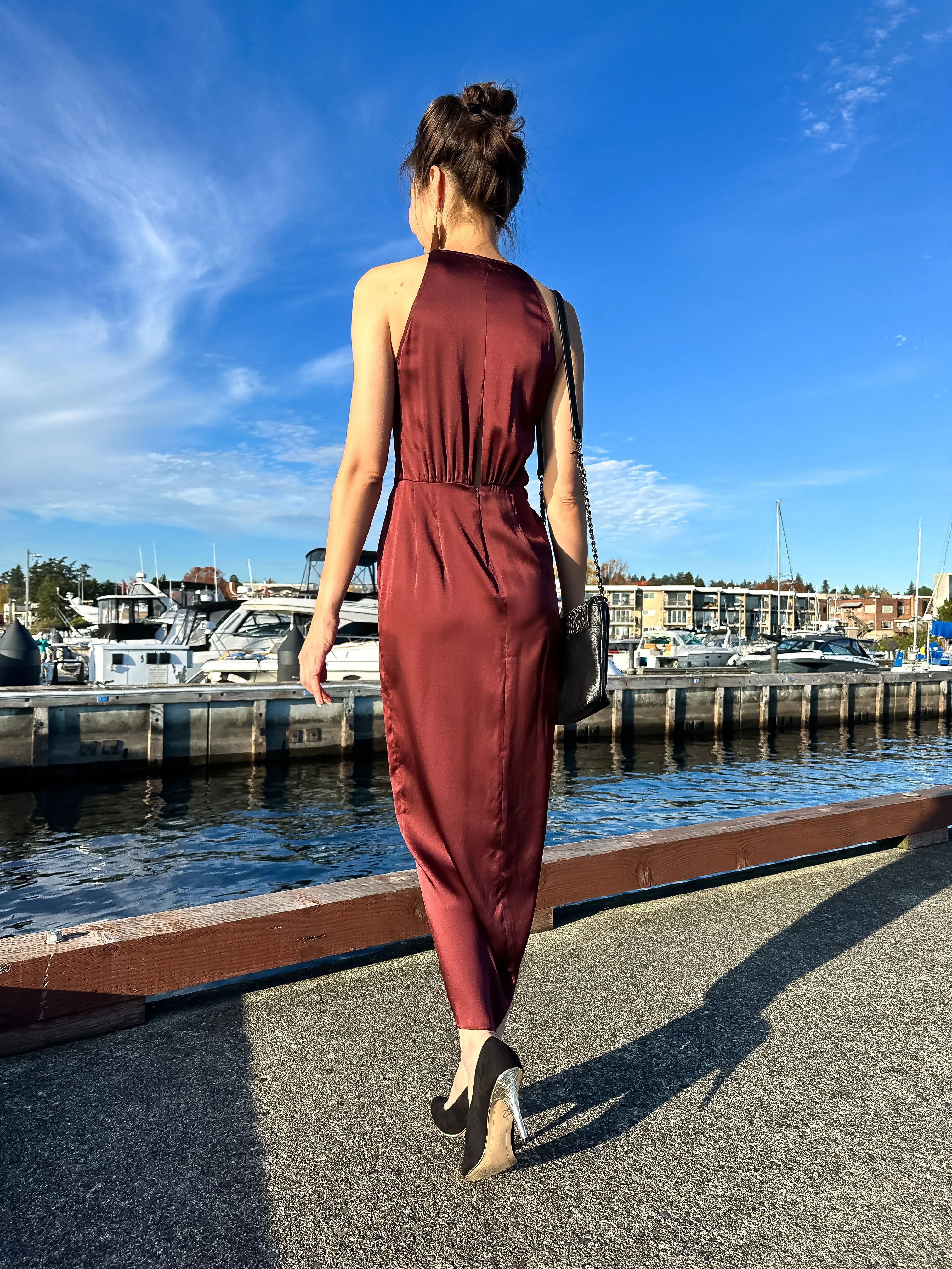 100% Silk Wrap Dress with High Side Slit Burgundy