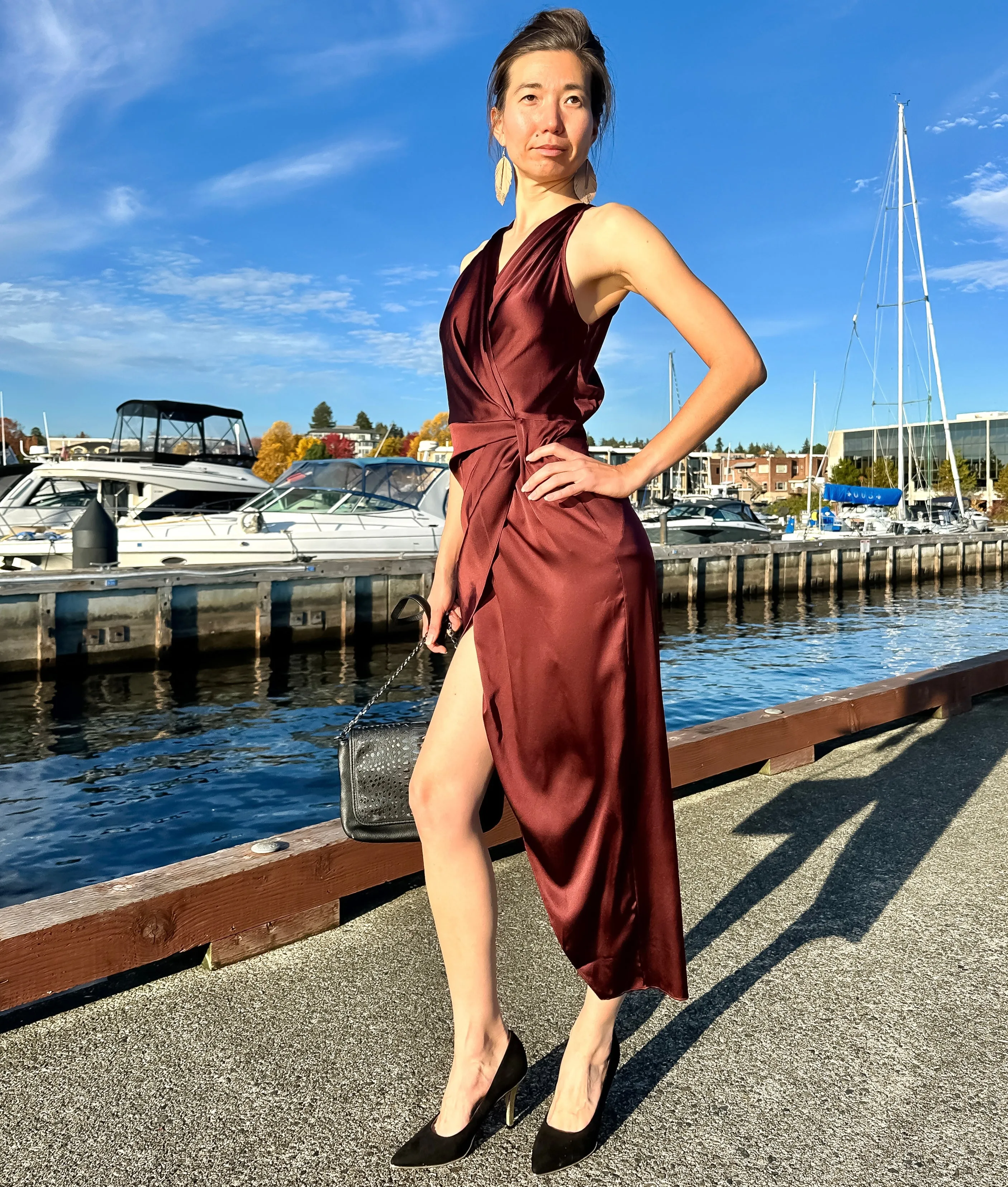 100% Silk Wrap Dress with High Side Slit Burgundy