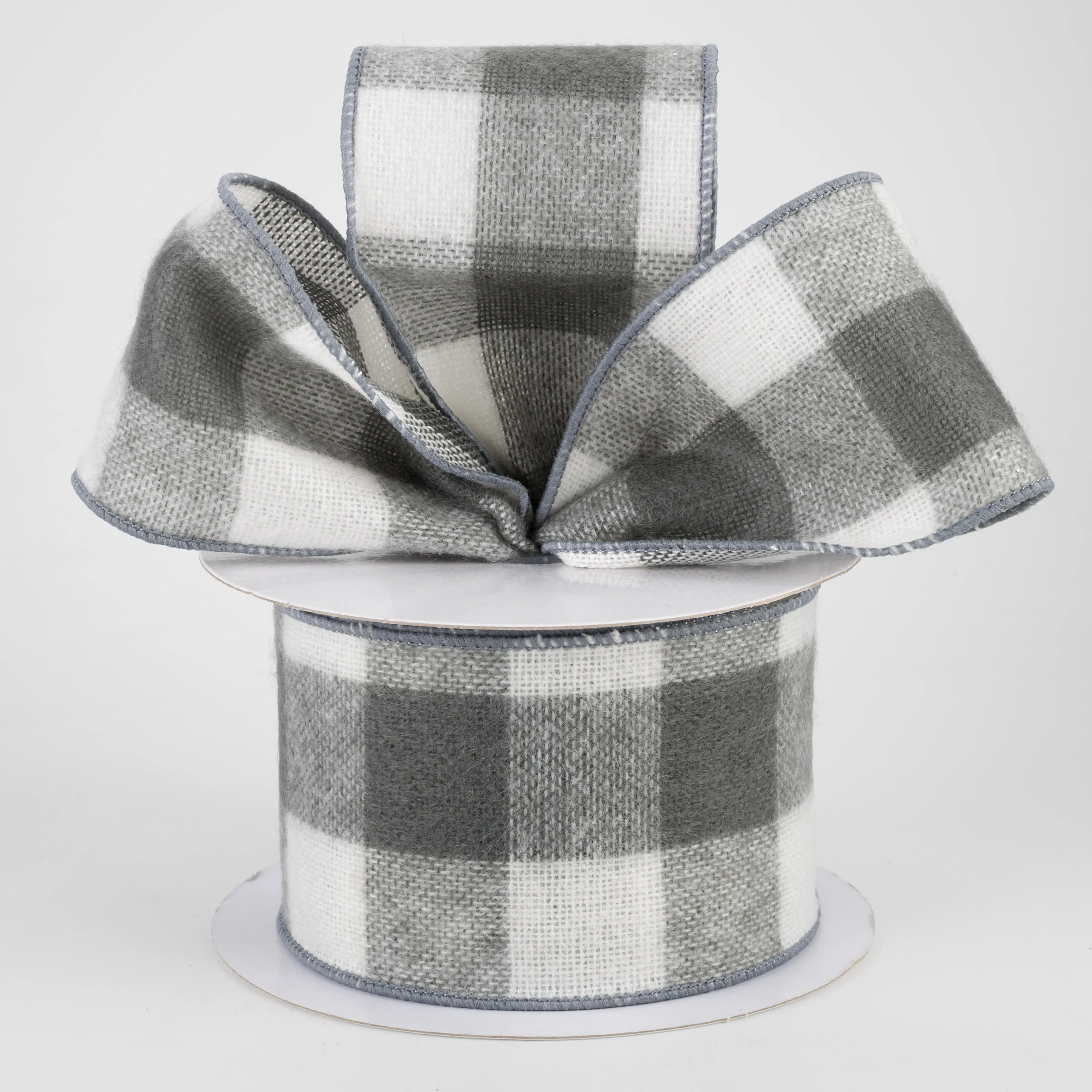 2.5" Fuzzy Flannel Check Ribbon: Grey & White (10 Yards)