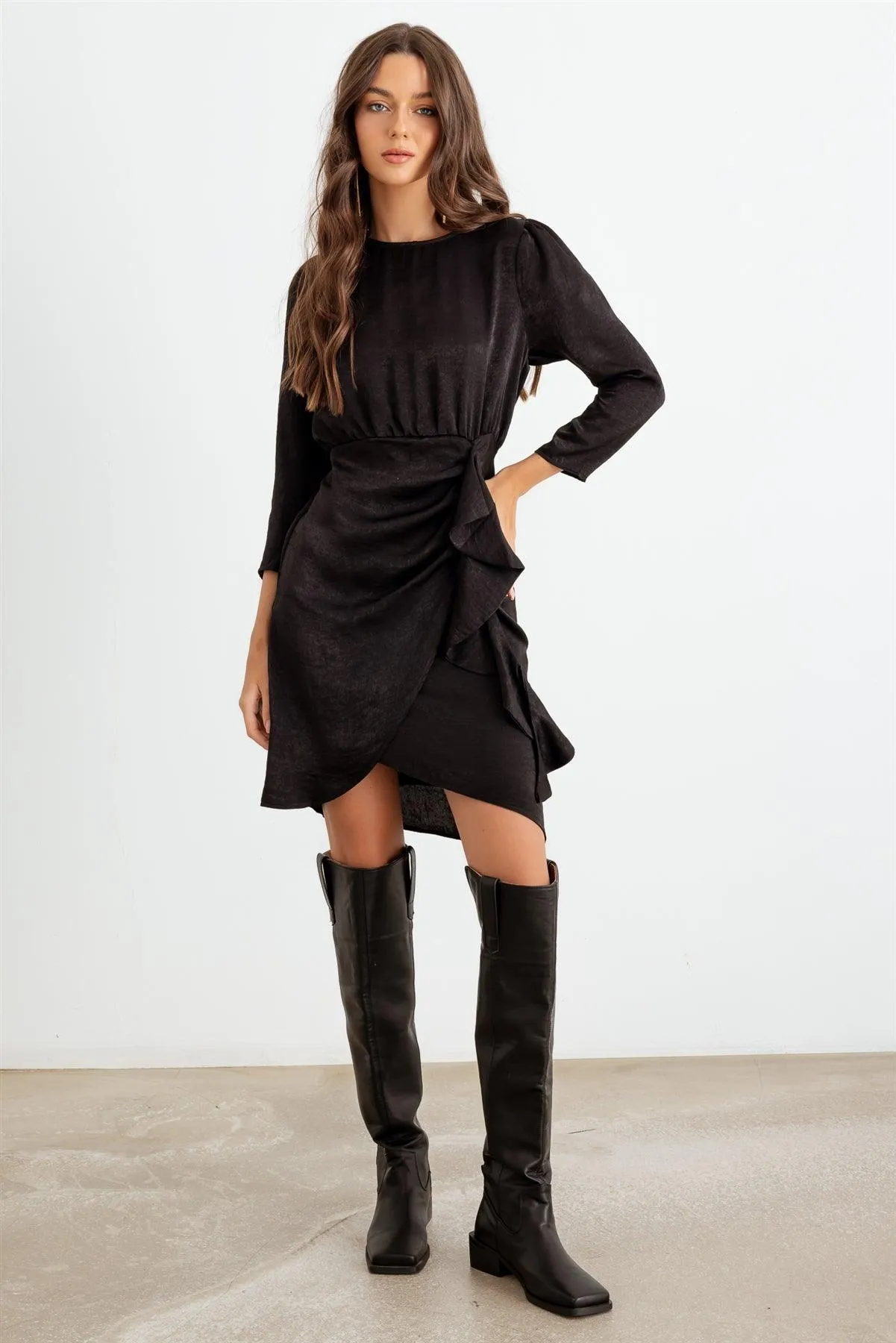 Black Satin Midi Sleeve Ruffle Side Wrap Mini Dress /3-2-2