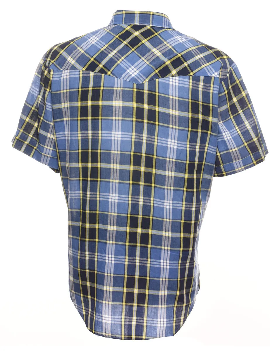 Blue & Yellow Short Sleeve Western Style Checked Shirt - L