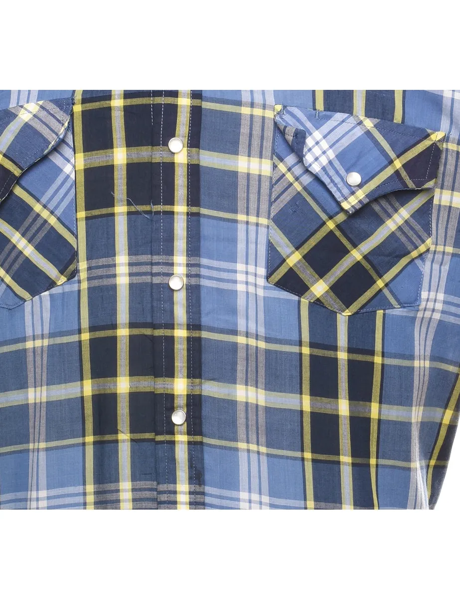 Blue & Yellow Short Sleeve Western Style Checked Shirt - L