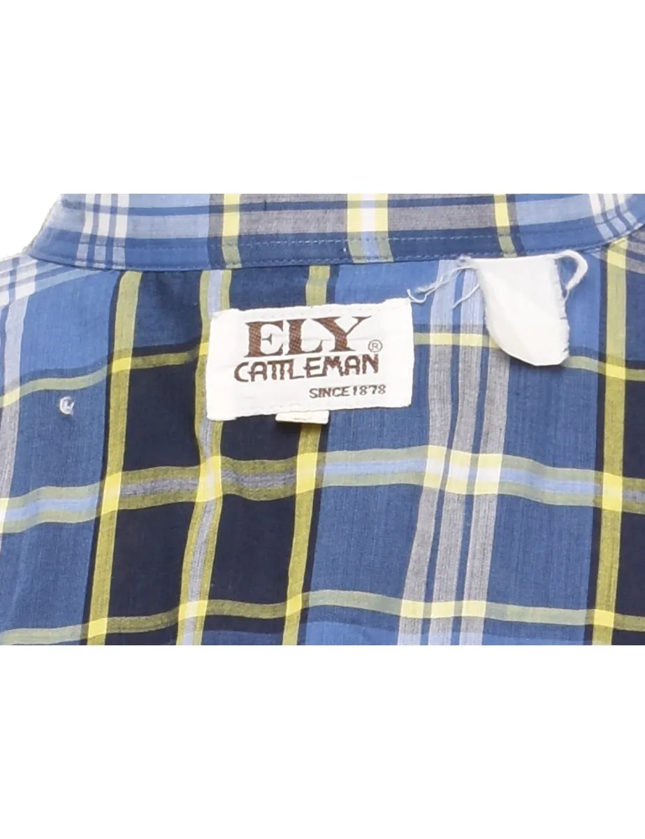 Blue & Yellow Short Sleeve Western Style Checked Shirt - L