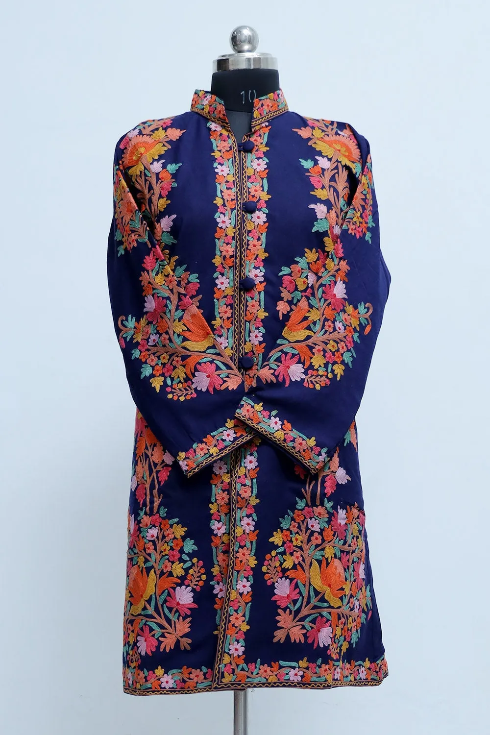 Blue Colour Aari Work Embroidered Jacket With New Designer Kashmiri Floral Pattern