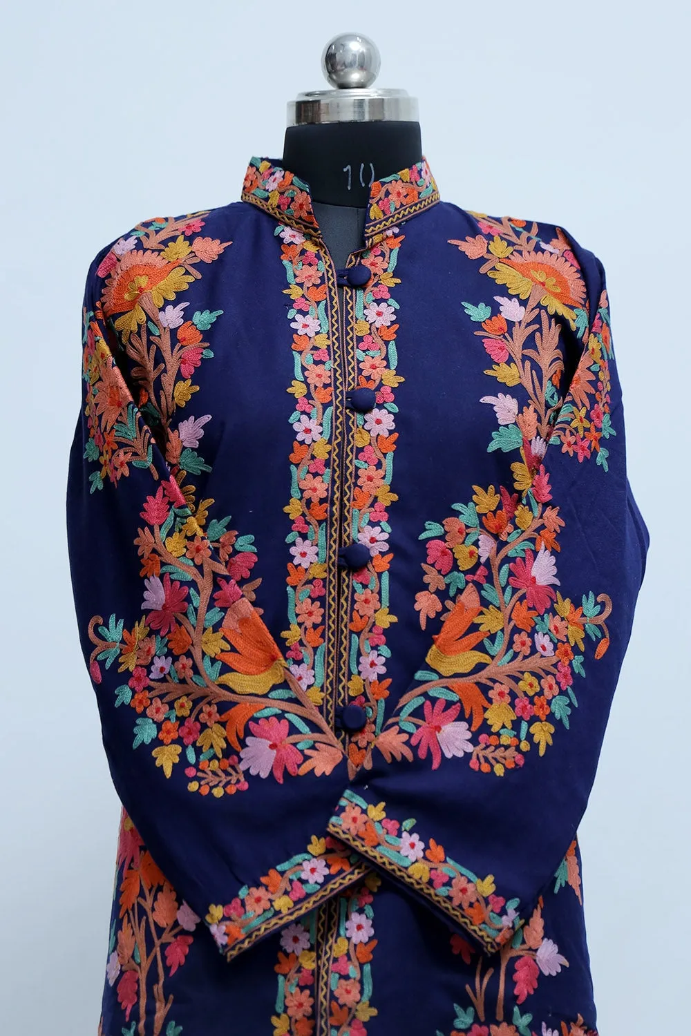 Blue Colour Aari Work Embroidered Jacket With New Designer Kashmiri Floral Pattern