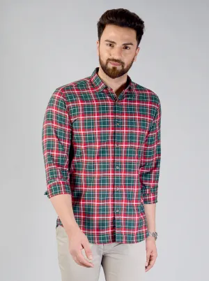 Bottle Green & Red Checked Slim Fit Casual Shirt | JadeBlue