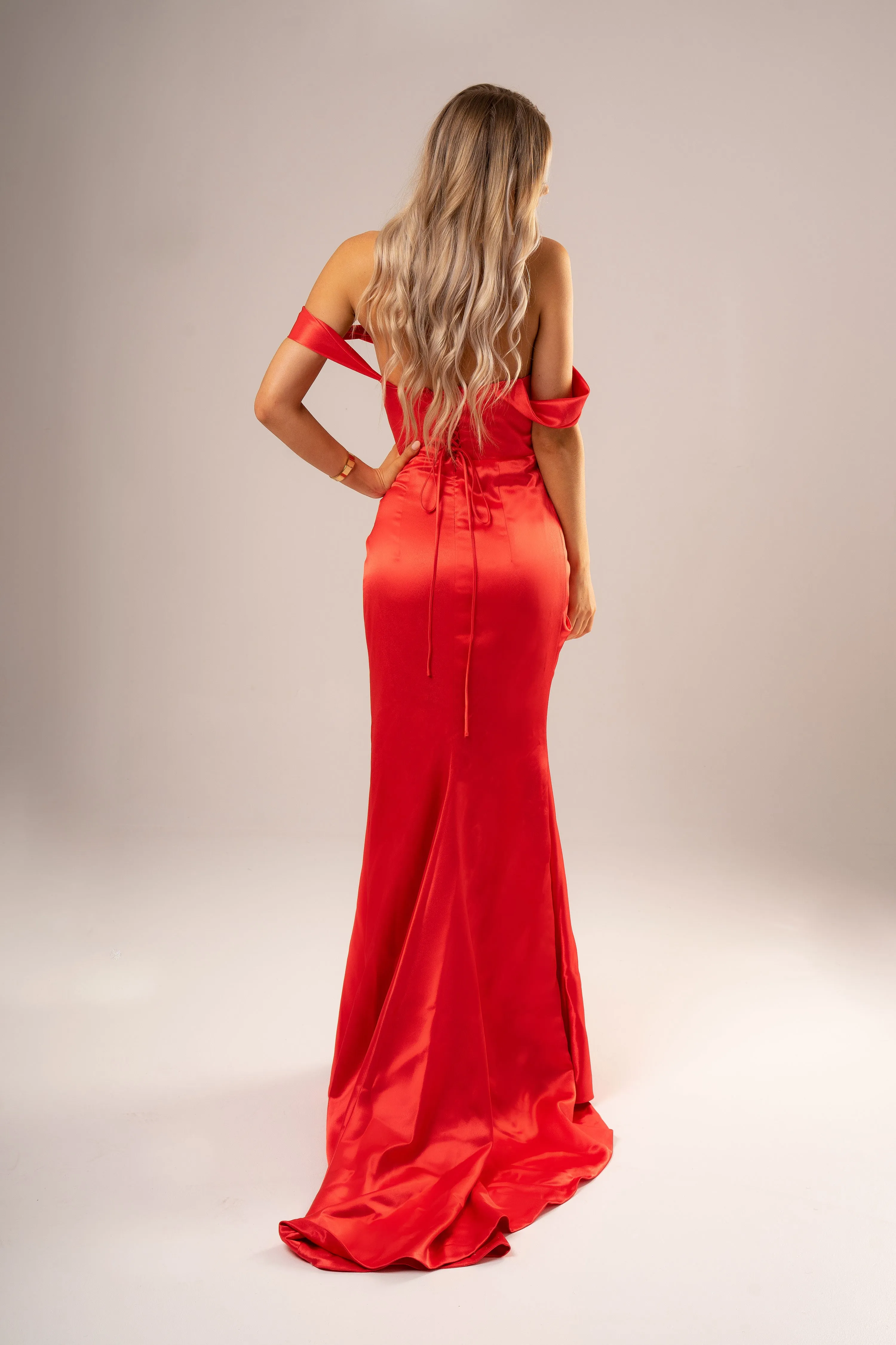 Bright Red Satin mermaid dress with off the shoulder and high slit