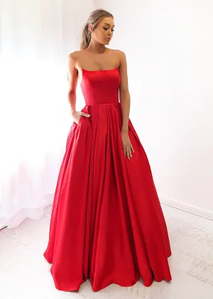 Bright red satin princess dress with crescent moon neckline