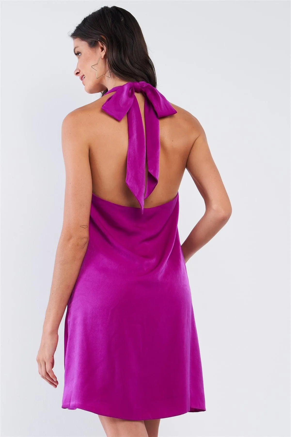 Byzantium Violet Purple Satin Silky Relaxed Fit V-Neck Chest Crochet Accent Halter Self-Tie Open Back Tube Mini Dress /1-2-2-1