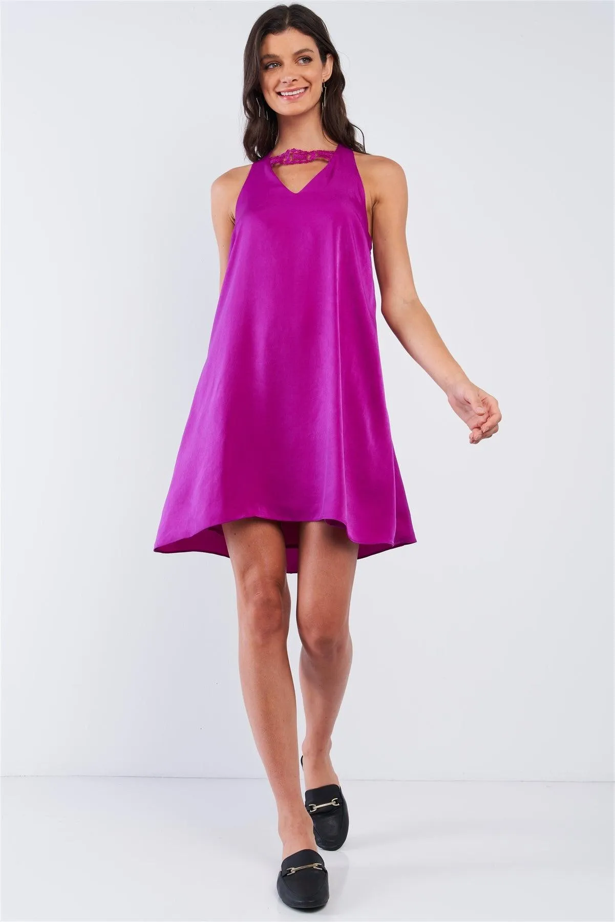 Byzantium Violet Purple Satin Silky Relaxed Fit V-Neck Chest Crochet Accent Halter Self-Tie Open Back Tube Mini Dress /1-2-2-1