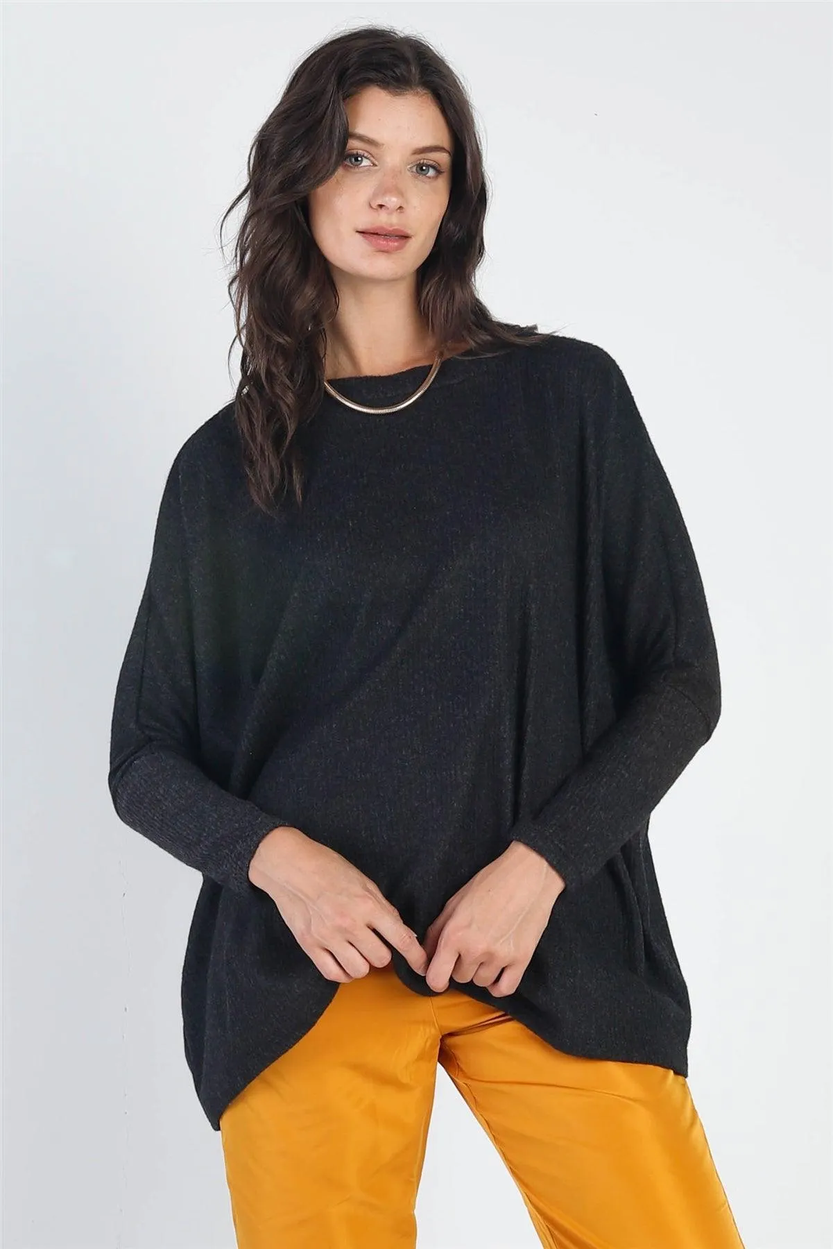 Charcoal Flannel Ribbed Dolman Sleeve Sweater