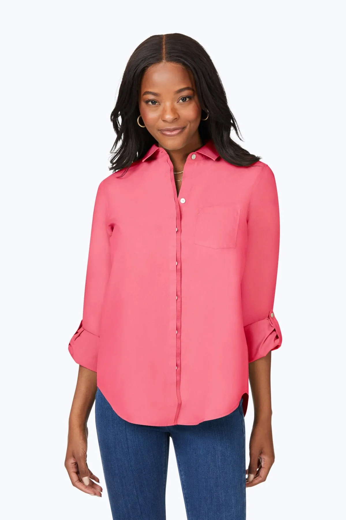 Charlie Pinpoint No Iron Roll Tab Shirt, Rose Red