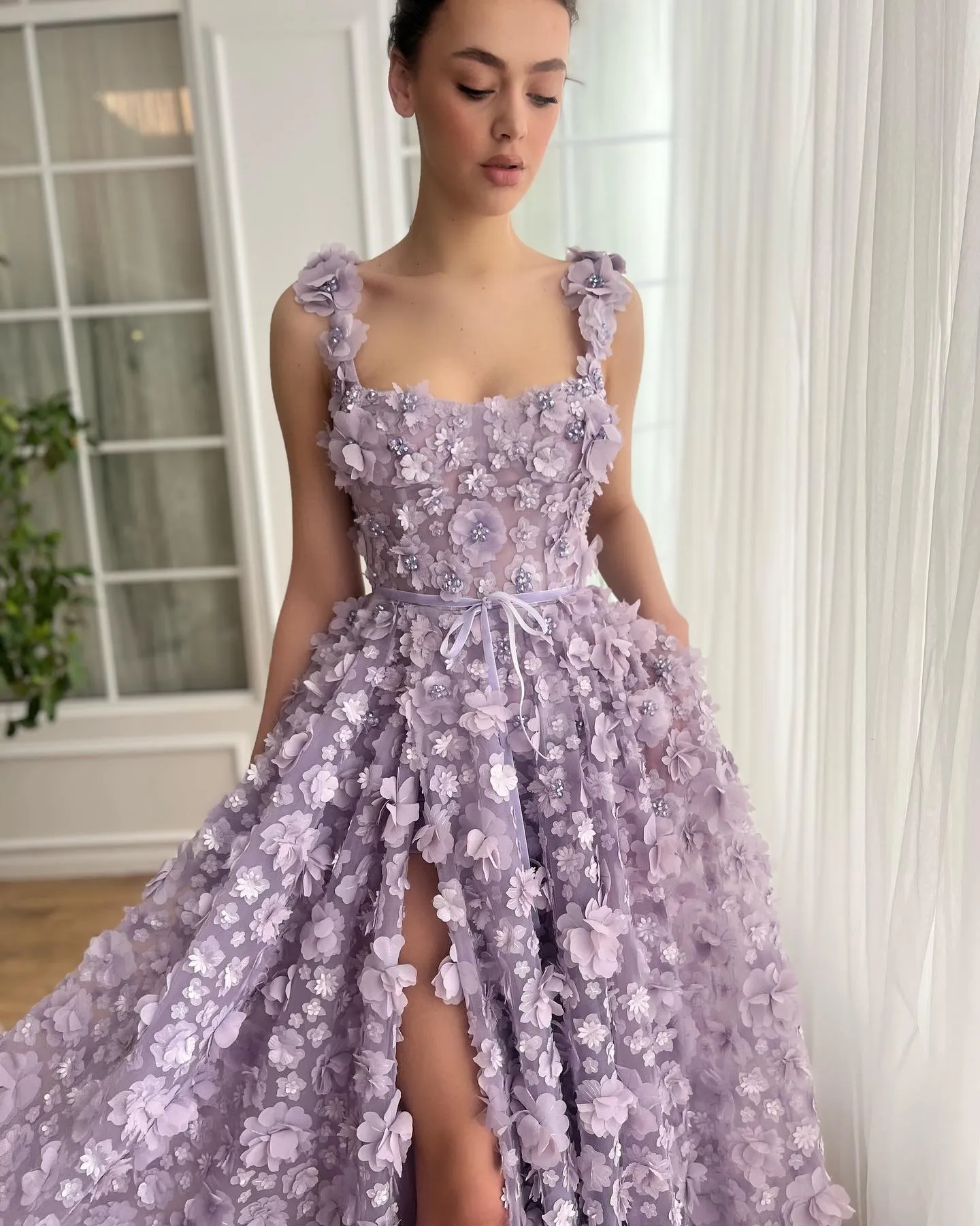 Chic Lilac 3D Embroidered Flowers Slit Evening Dress SS357