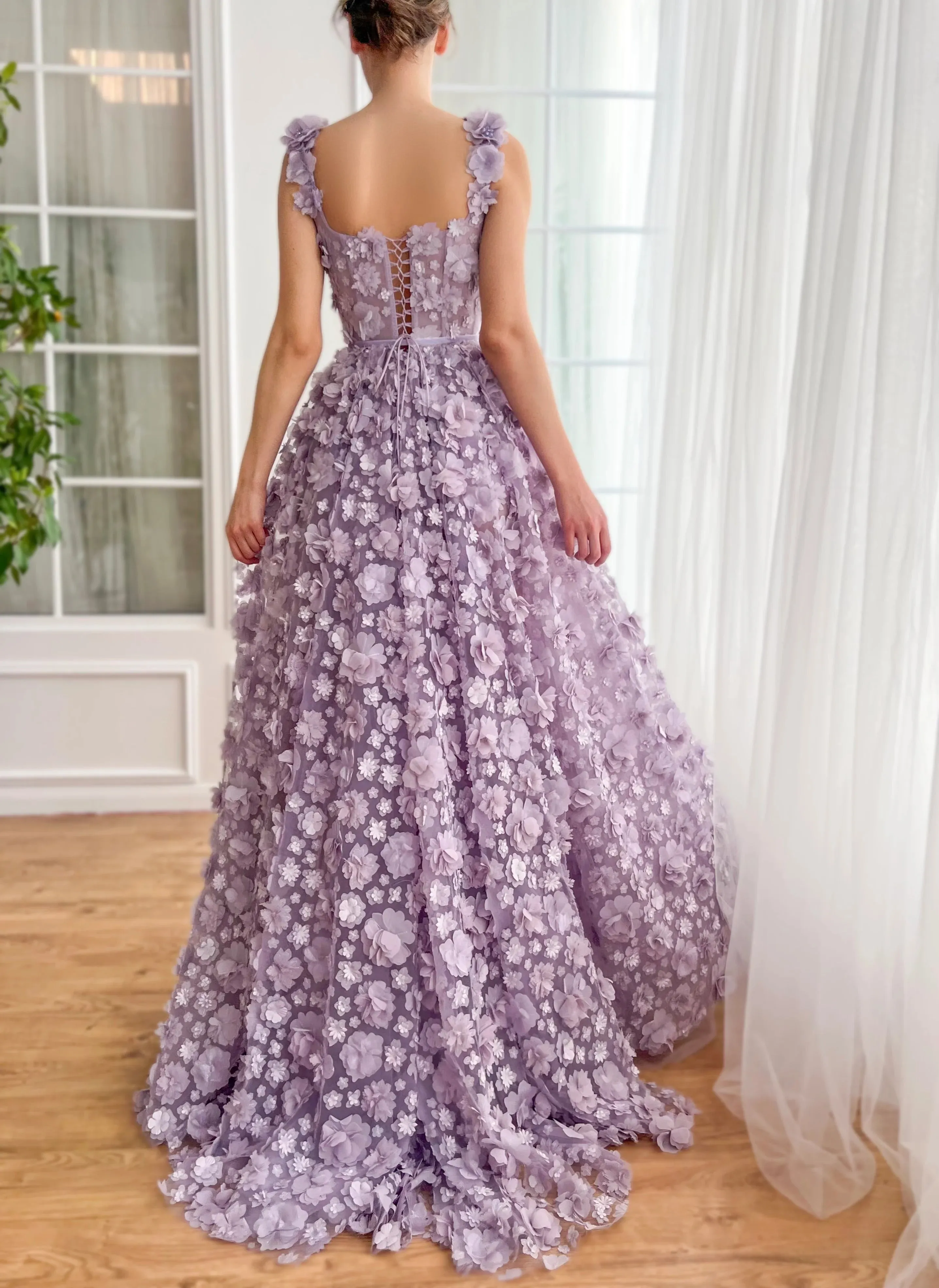 Chic Lilac 3D Embroidered Flowers Slit Evening Dress SS357