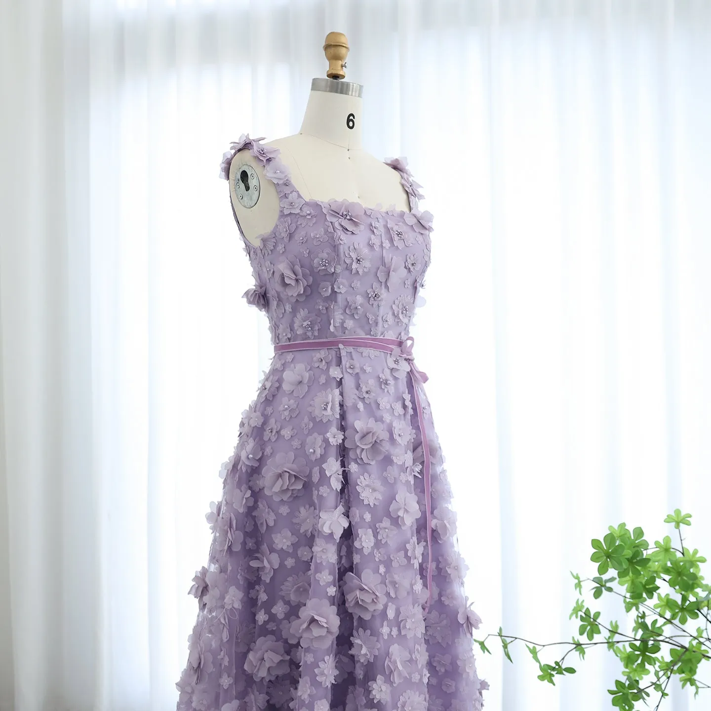 Chic Lilac 3D Embroidered Flowers Slit Evening Dress SS357