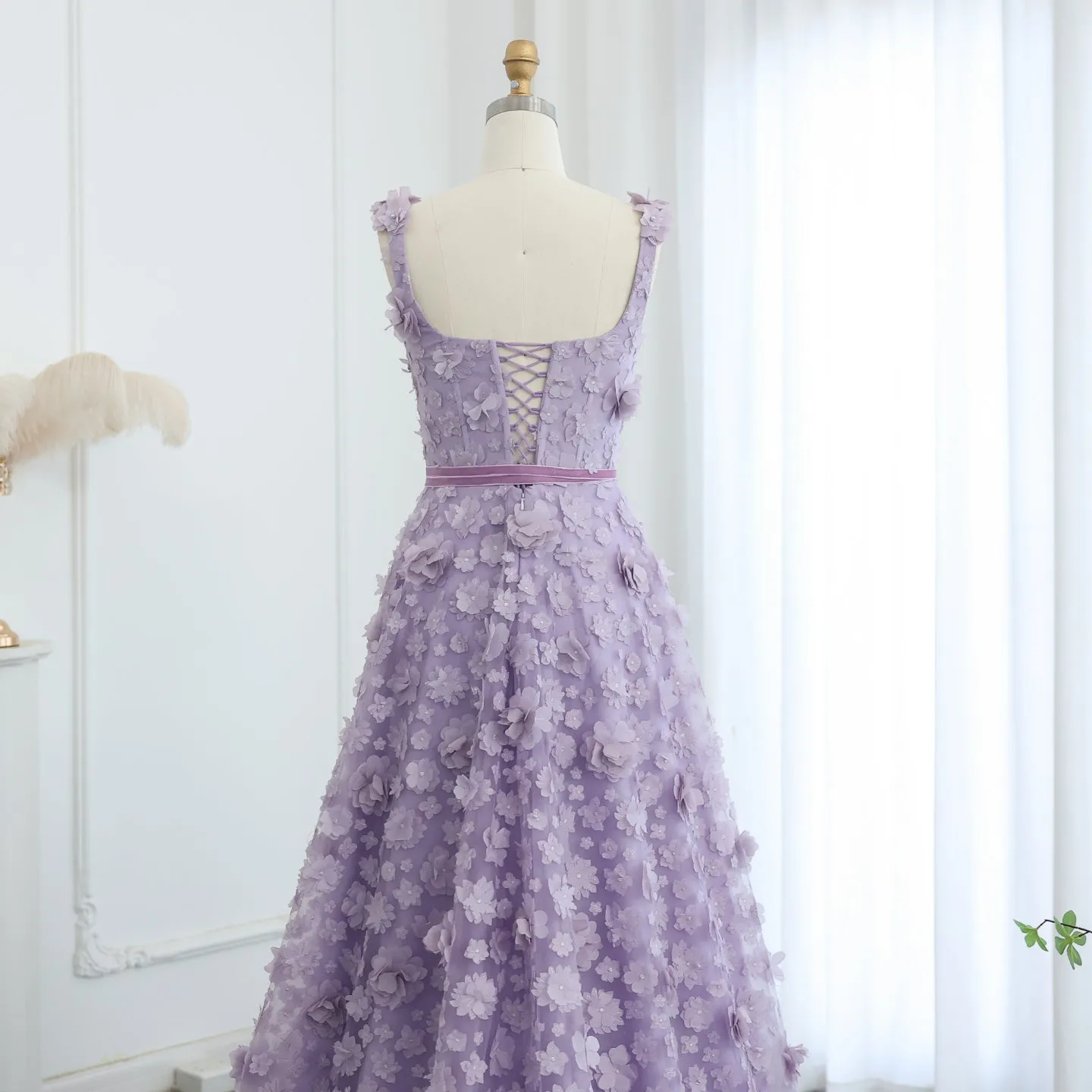 Chic Lilac 3D Embroidered Flowers Slit Evening Dress SS357