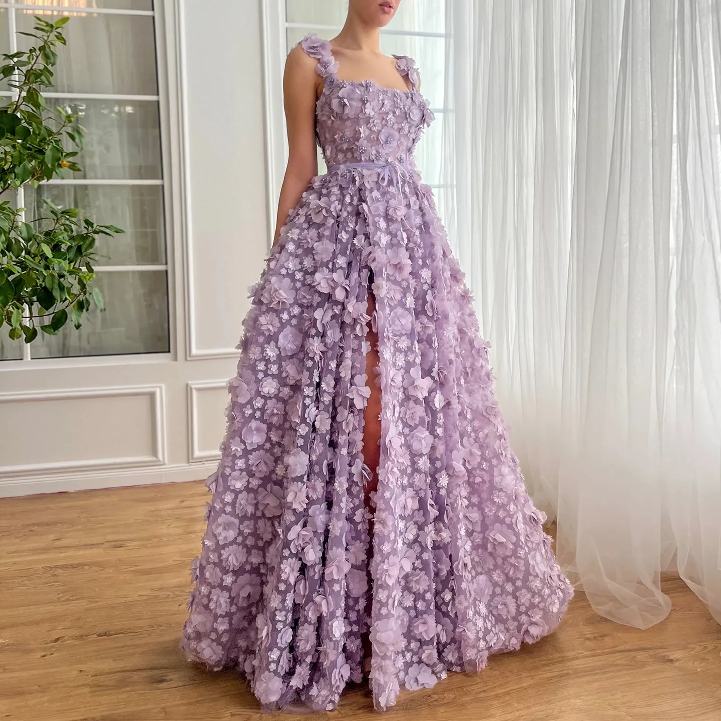 Chic Lilac 3D Embroidered Flowers Slit Evening Dress SS357