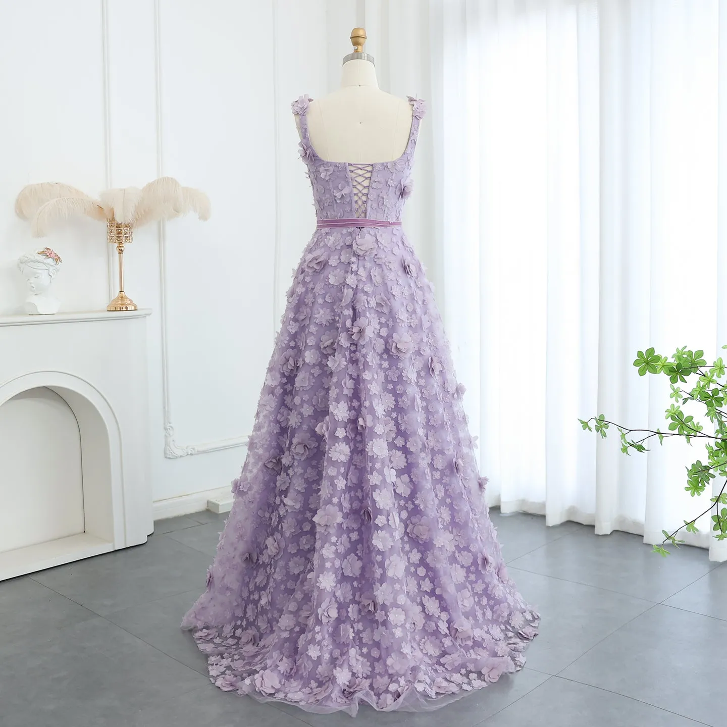 Chic Lilac 3D Embroidered Flowers Slit Evening Dress SS357