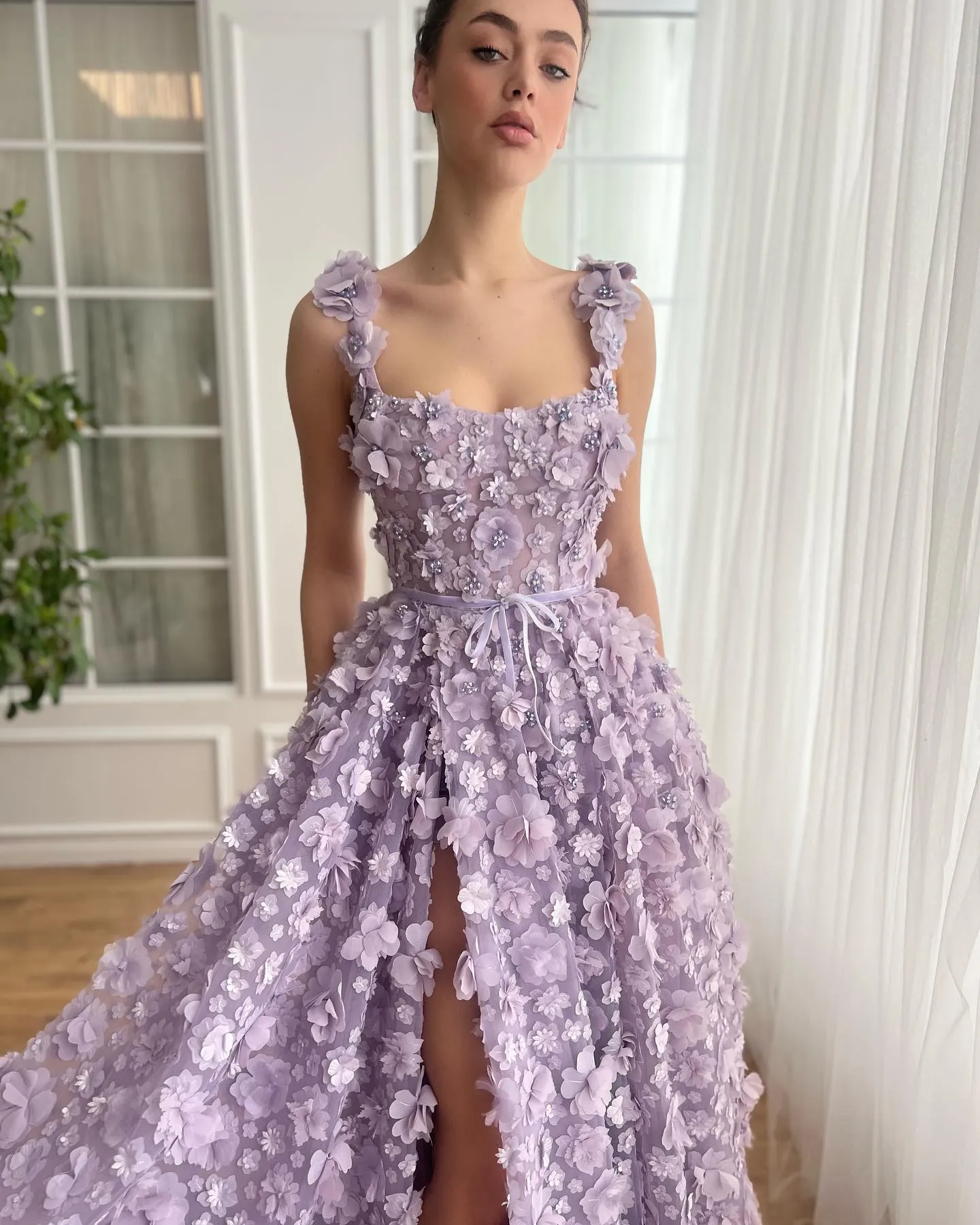 Chic Lilac 3D Embroidered Flowers Slit Evening Dress SS357