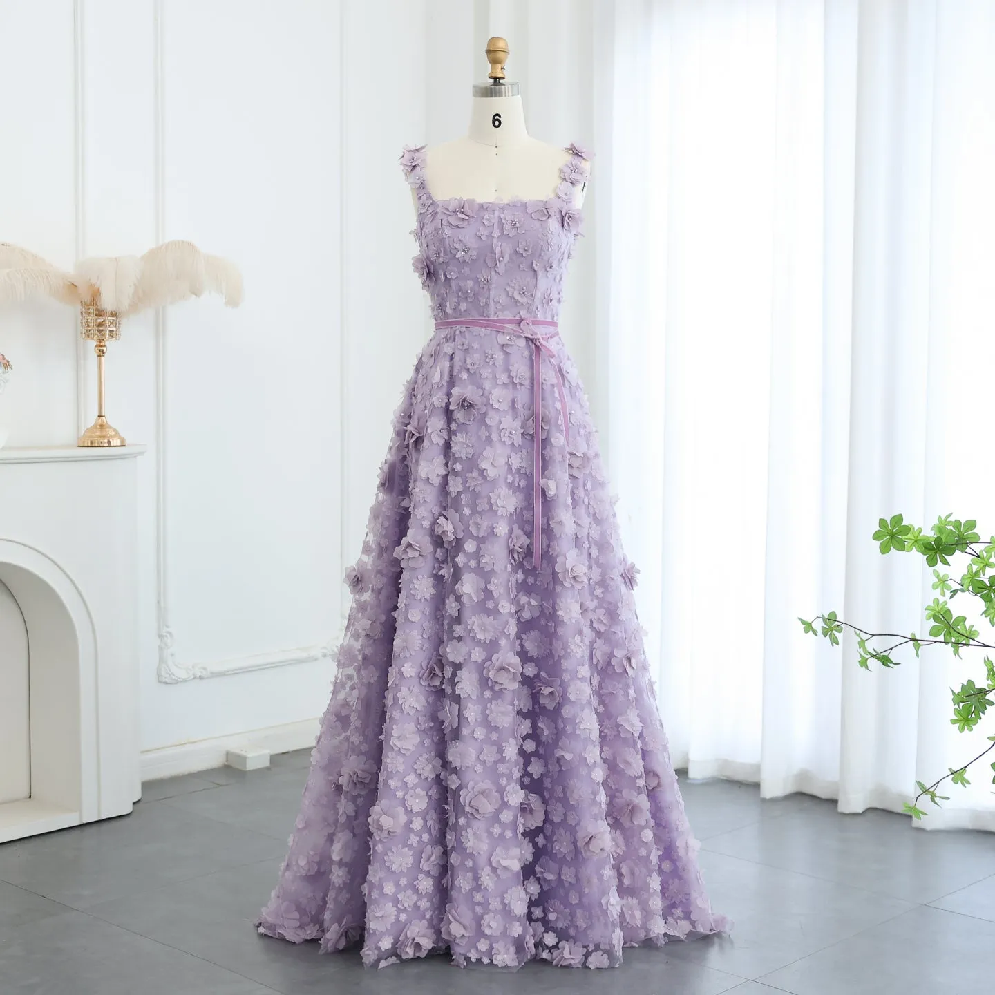 Chic Lilac 3D Embroidered Flowers Slit Evening Dress SS357