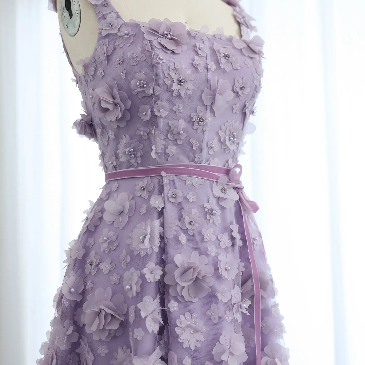 Chic Lilac 3D Embroidered Flowers Slit Evening Dress SS357