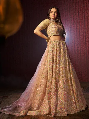 Classic Beige Heavy Embroidered Net Bridal Lehenga Choli