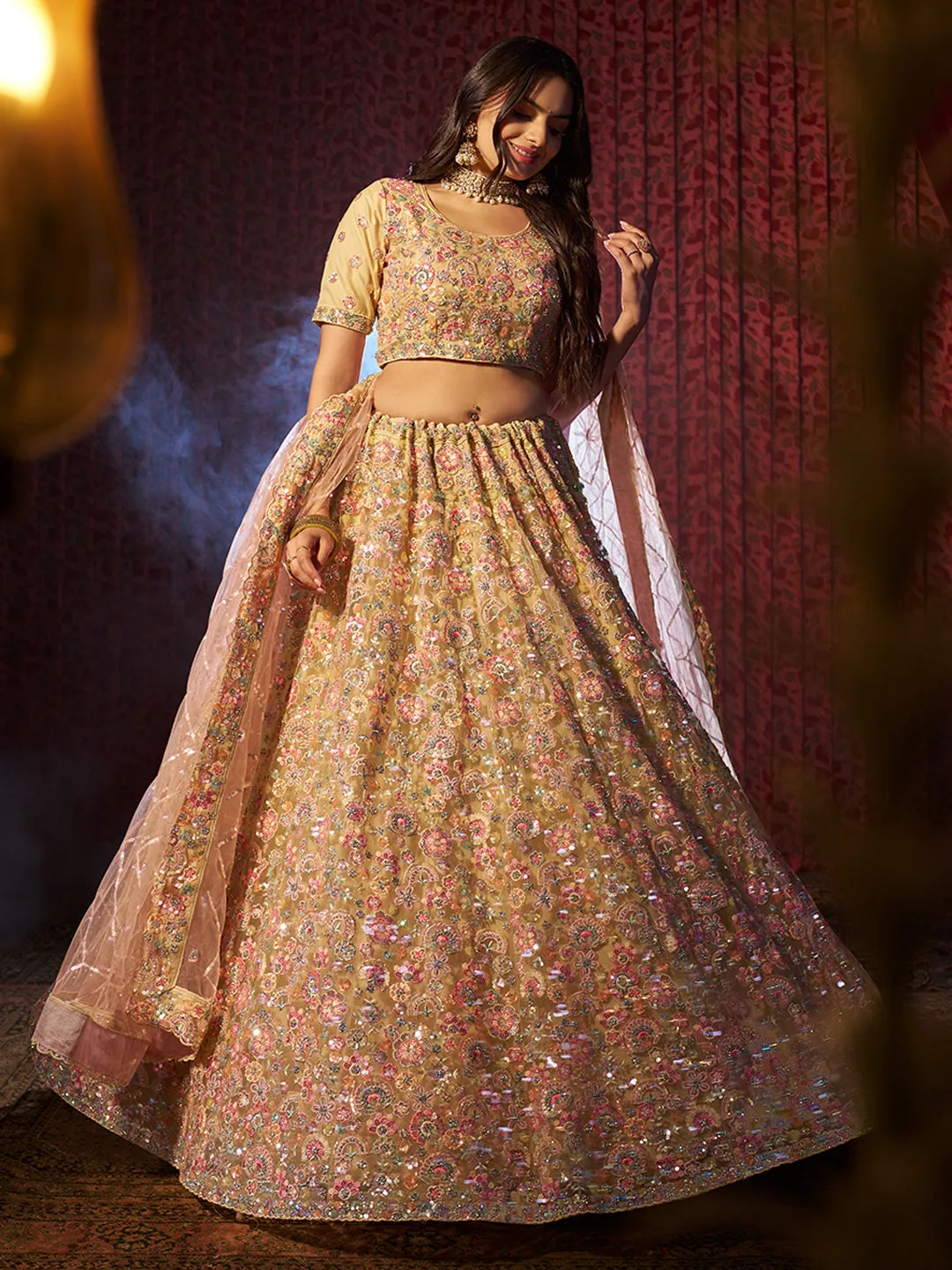 Classic Beige Heavy Embroidered Net Bridal Lehenga Choli