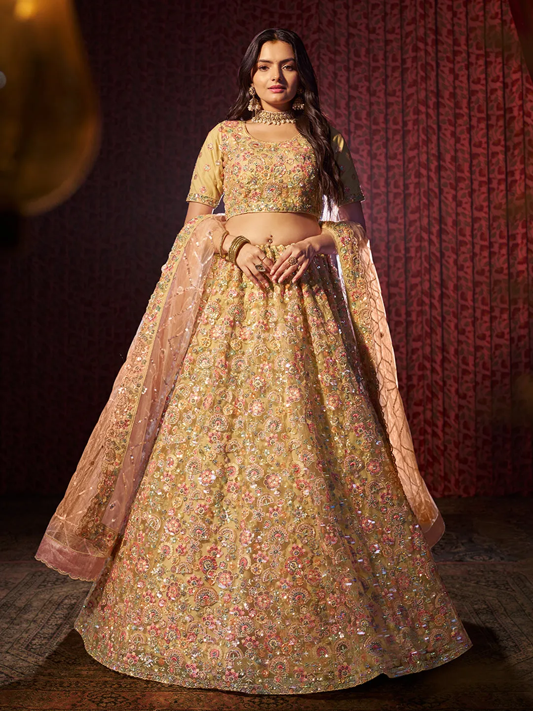 Classic Beige Heavy Embroidered Net Bridal Lehenga Choli