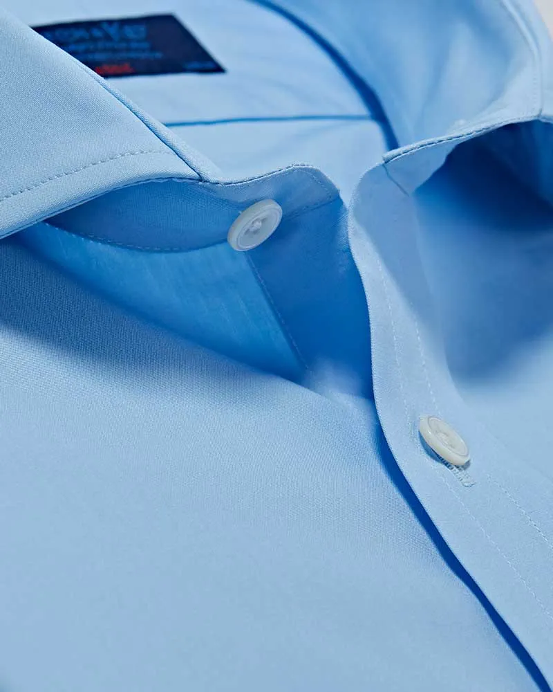 Classic Fit Plain Ice Blue Cotton Poplin Shirt with Cut-away Collar & Two Button Cuff