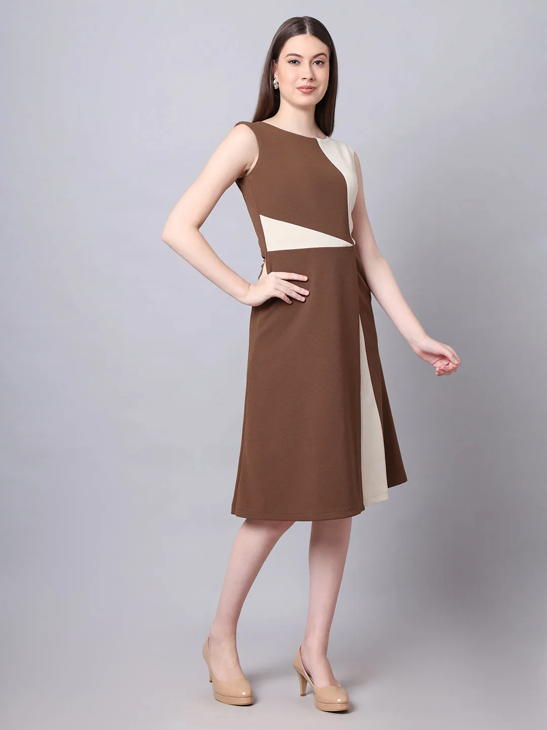 Coffee Brown Blended Vibrant Versatility Block A-Line Dress