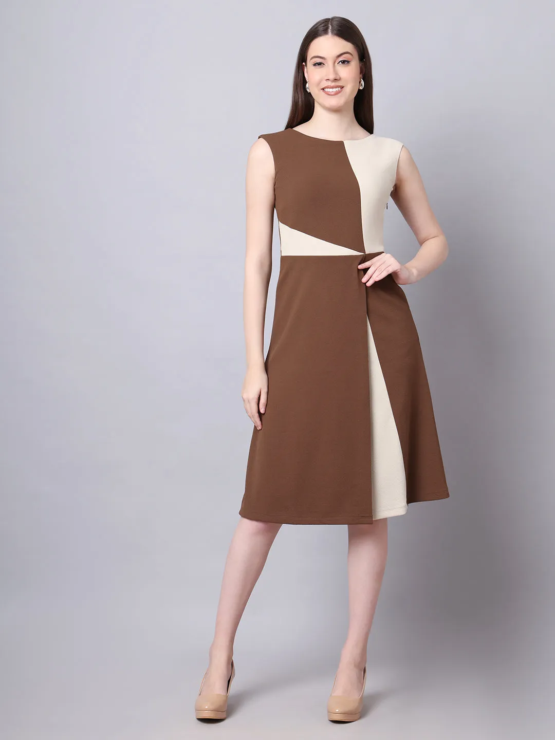 Coffee Brown Blended Vibrant Versatility Block A-Line Dress