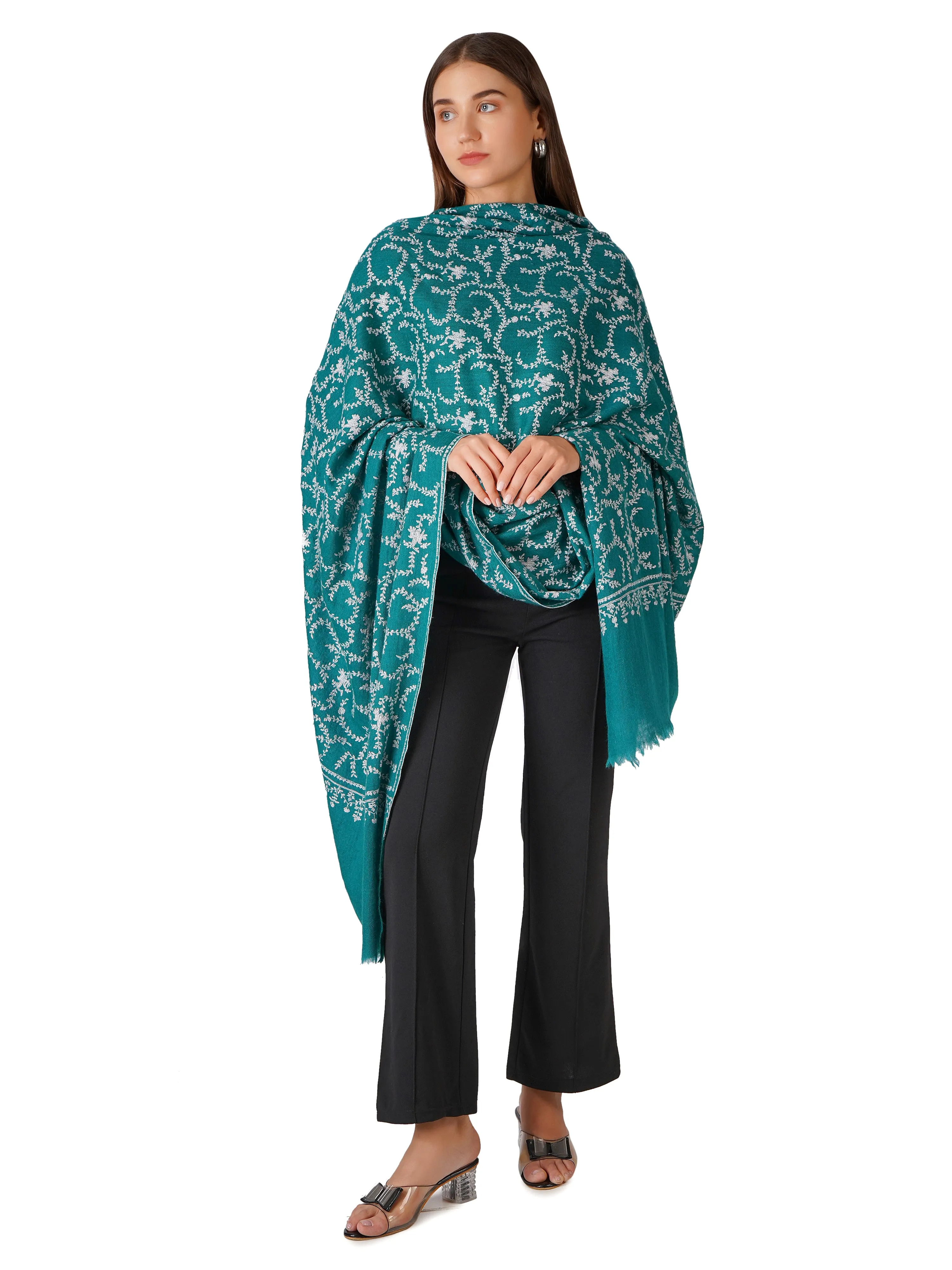 Cozy Pashmina Shawl with Intricate Embroidery - Green