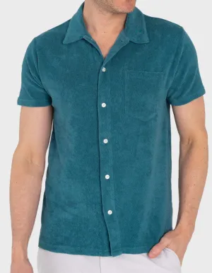 Criquet Terrycloth Button Down Short Sleeve Shirt in Hydro