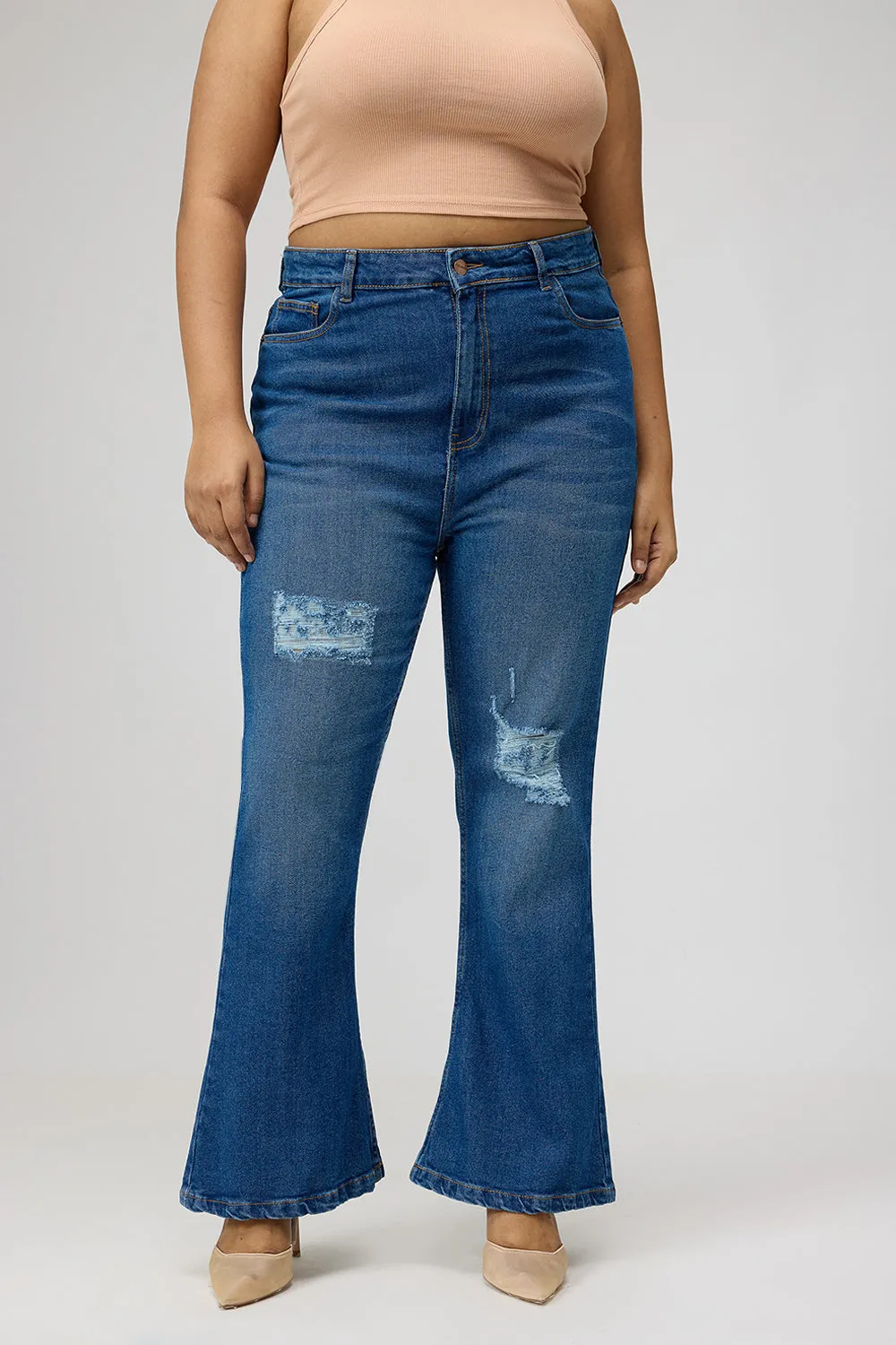 Curve Blue Distress Bootcut Denim Jeans