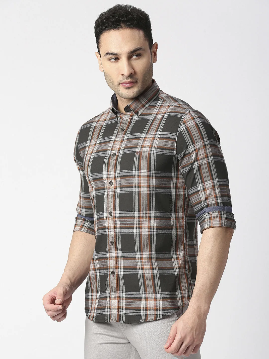 Dark Olive Twill Stretch Checked Shirt With Button Down Collar