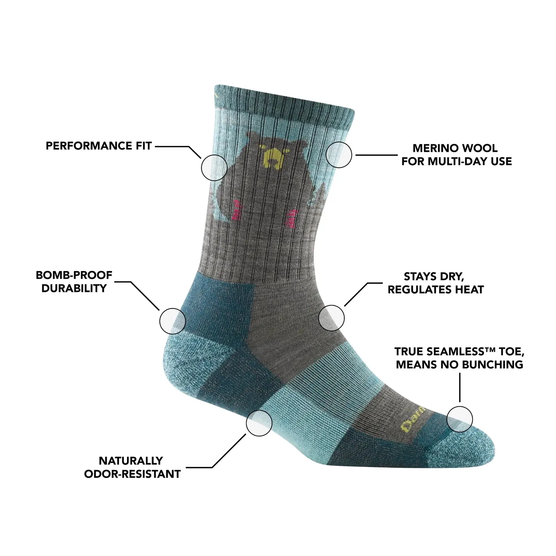 Darn Tough 1970 Women's Bear Town Micro Crew Lightweight Hiking Sock - Dark Teal