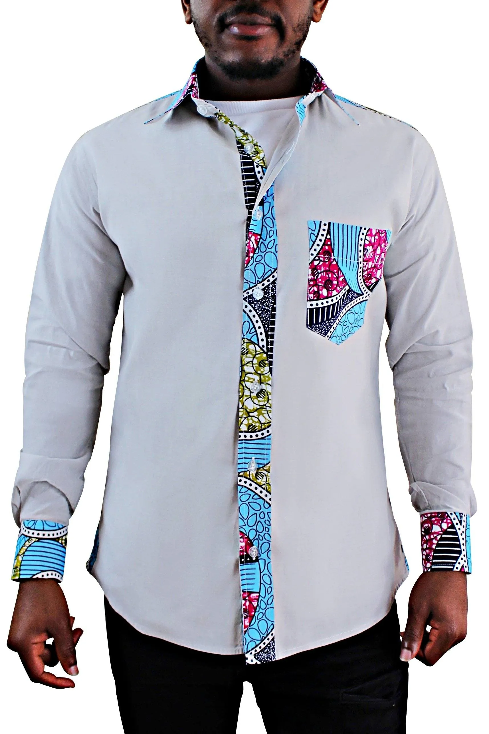 Delu African Print Men's Shirt - Beige / Blue