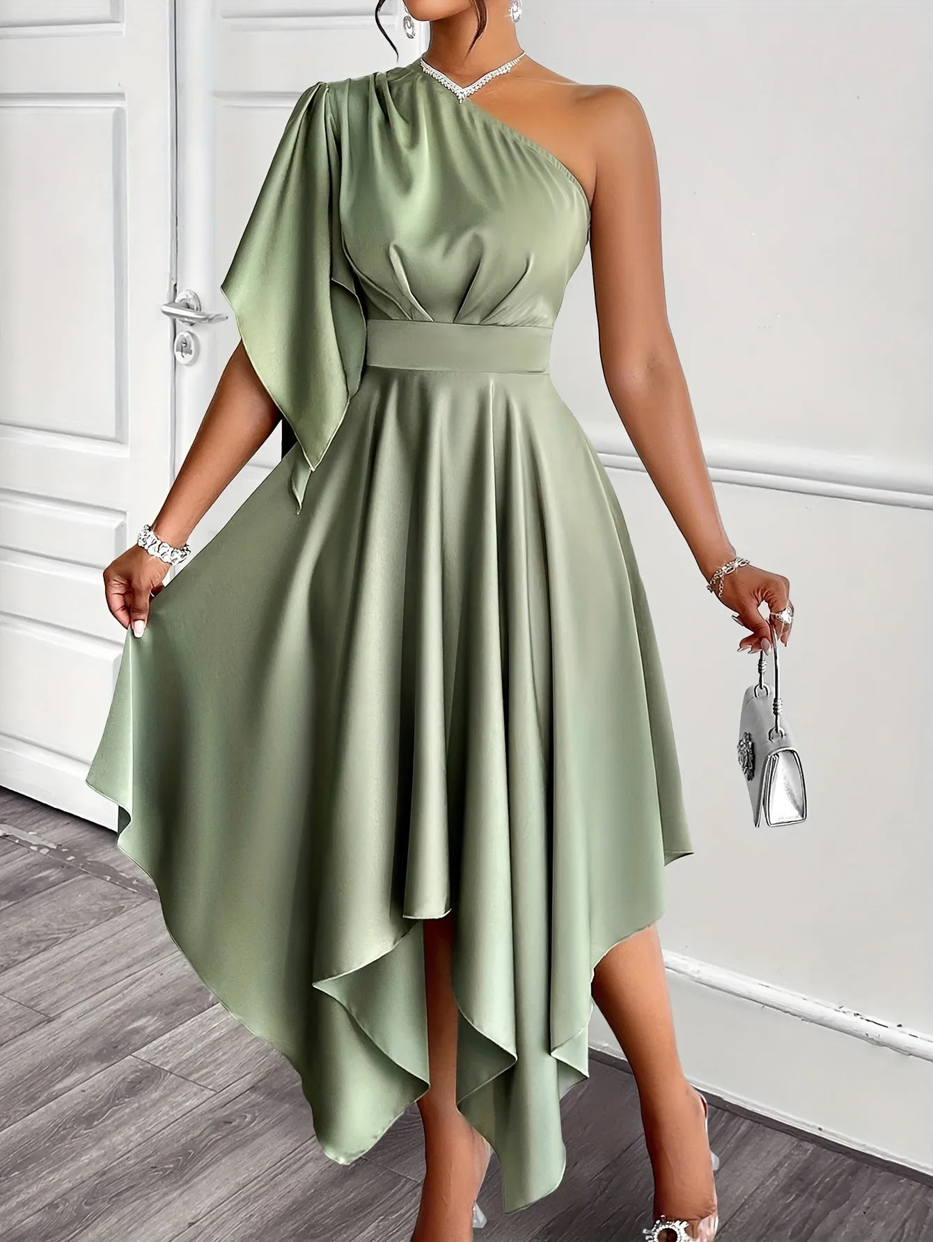 Elegant Asymmetrical One-Should Peplum Dress for Women, crafted from polyester satin, featuring a high-low midi length and ruffle sleeve detail