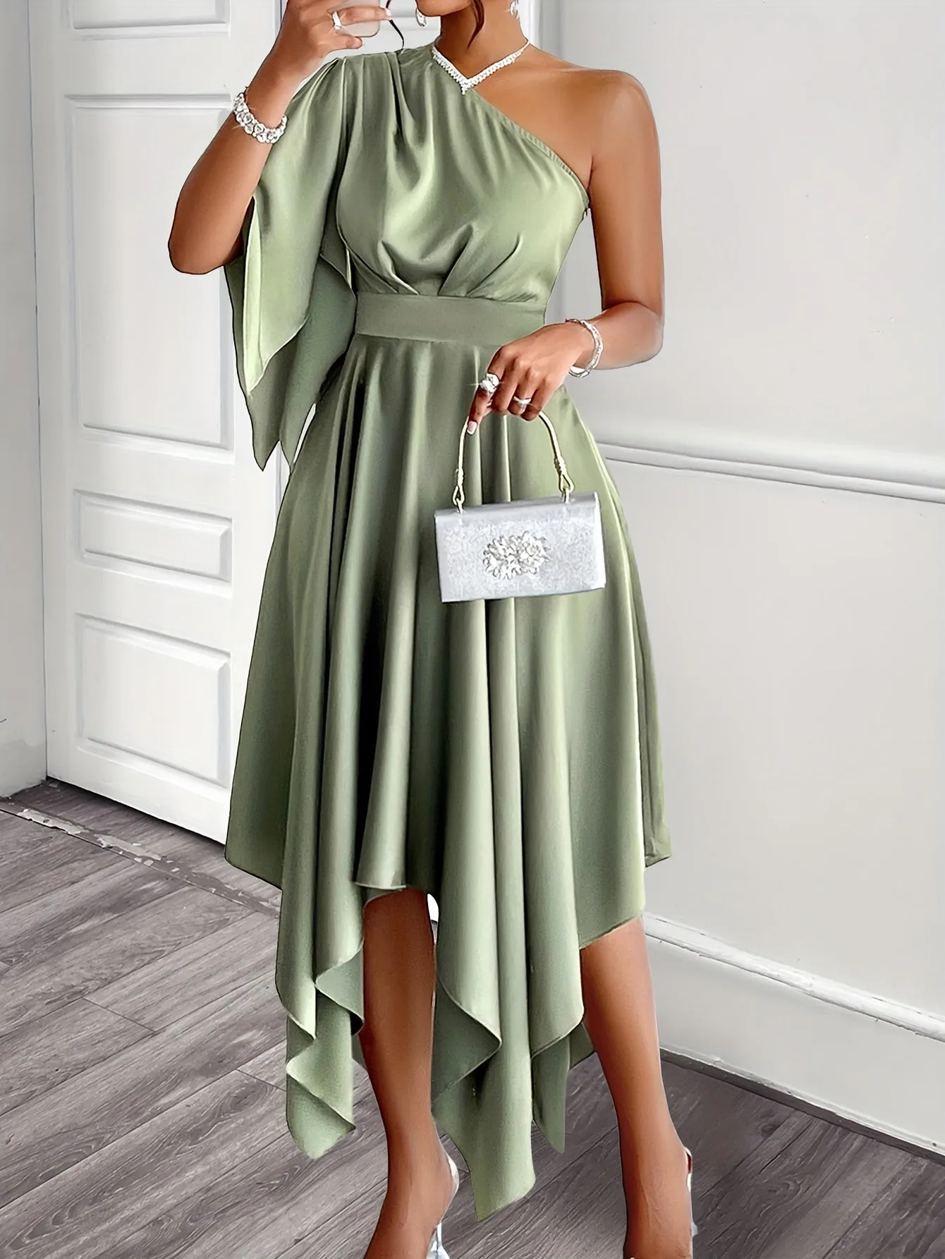 Elegant Asymmetrical One-Should Peplum Dress for Women, crafted from polyester satin, featuring a high-low midi length and ruffle sleeve detail