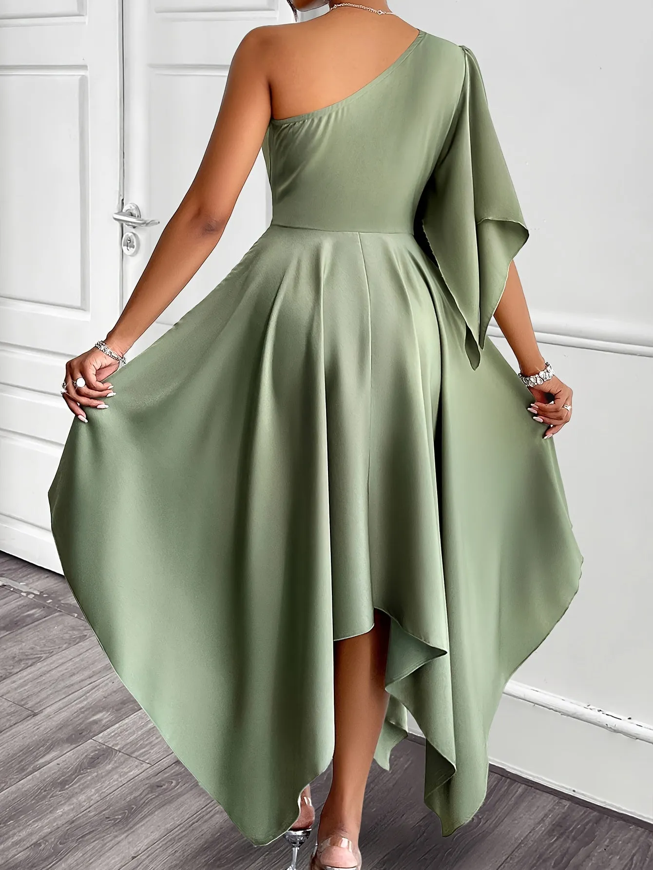 Elegant Asymmetrical One-Should Peplum Dress for Women, crafted from polyester satin, featuring a high-low midi length and ruffle sleeve detail