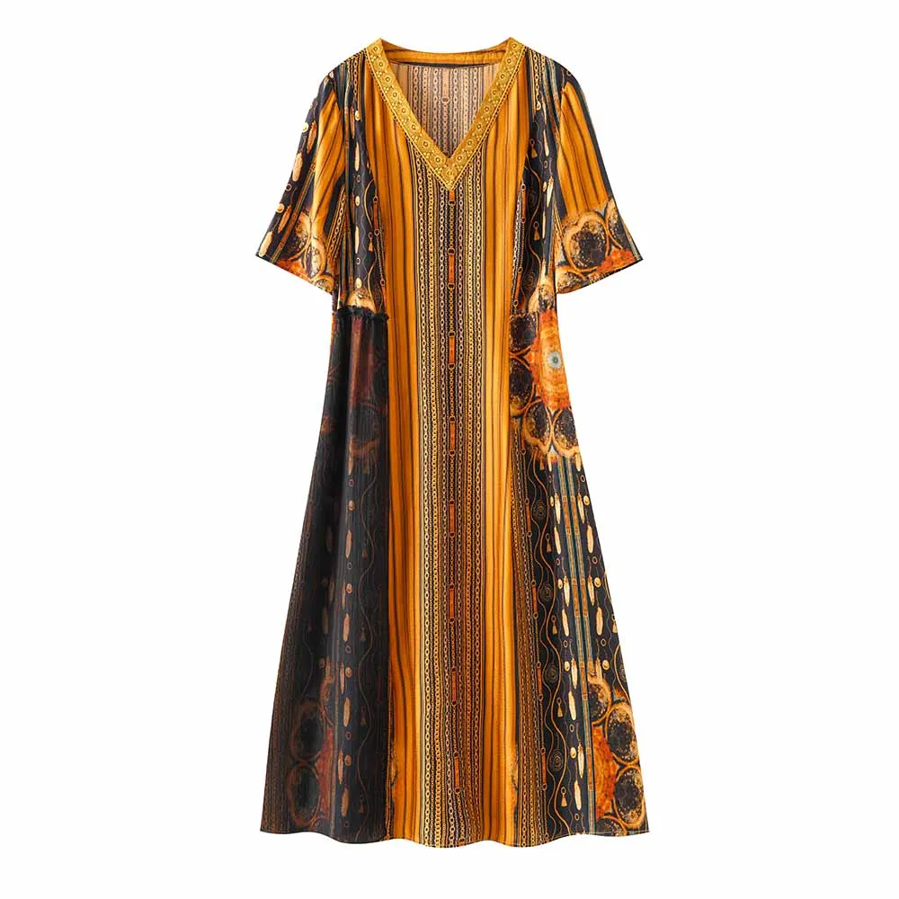 Elegant V-Neck Silk Dress – Brown Patterned Luxury