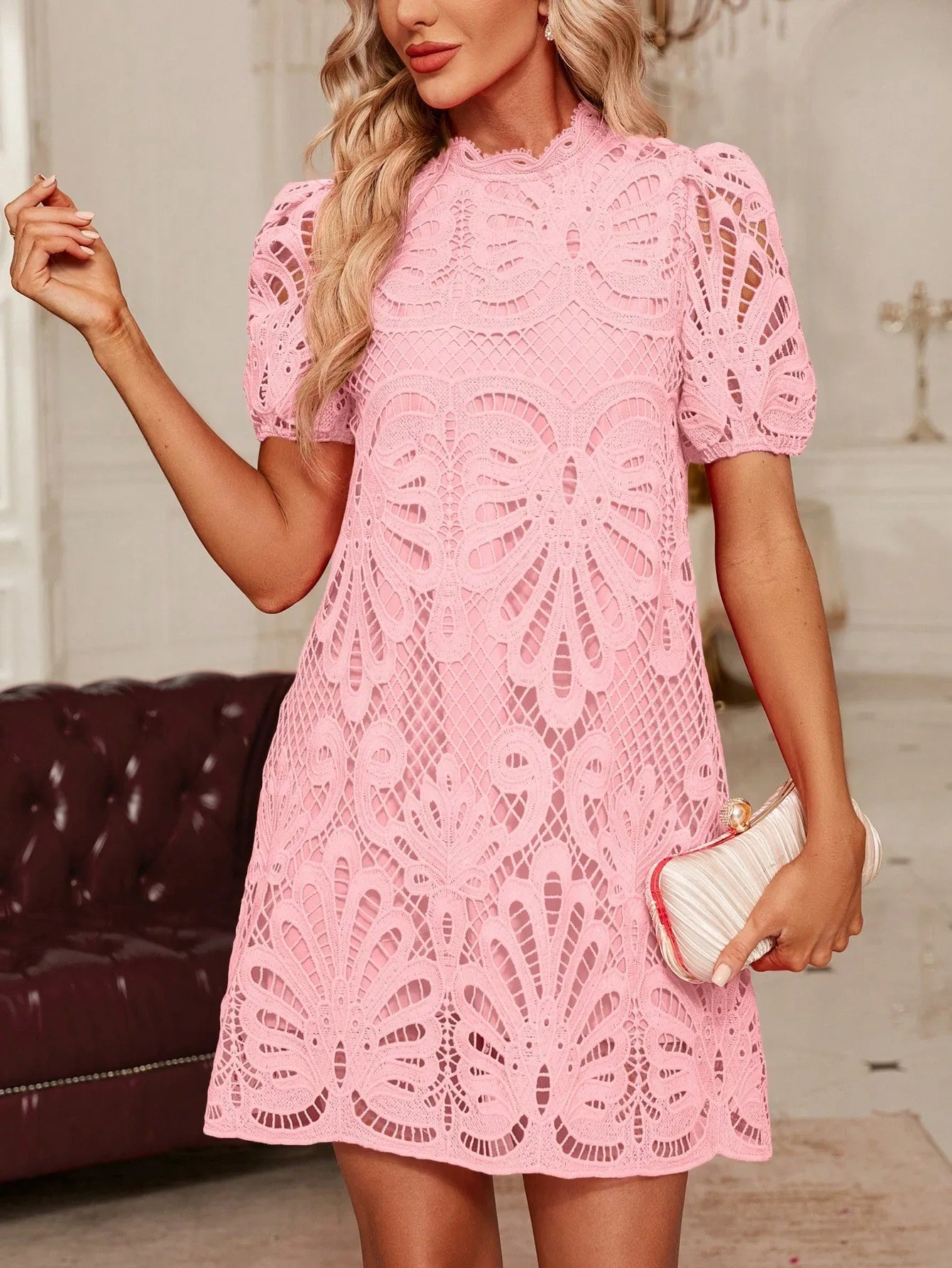 Elegant Women's Short Puff Sleeve Lace Dress with Ruffle Hem and Stand Collar