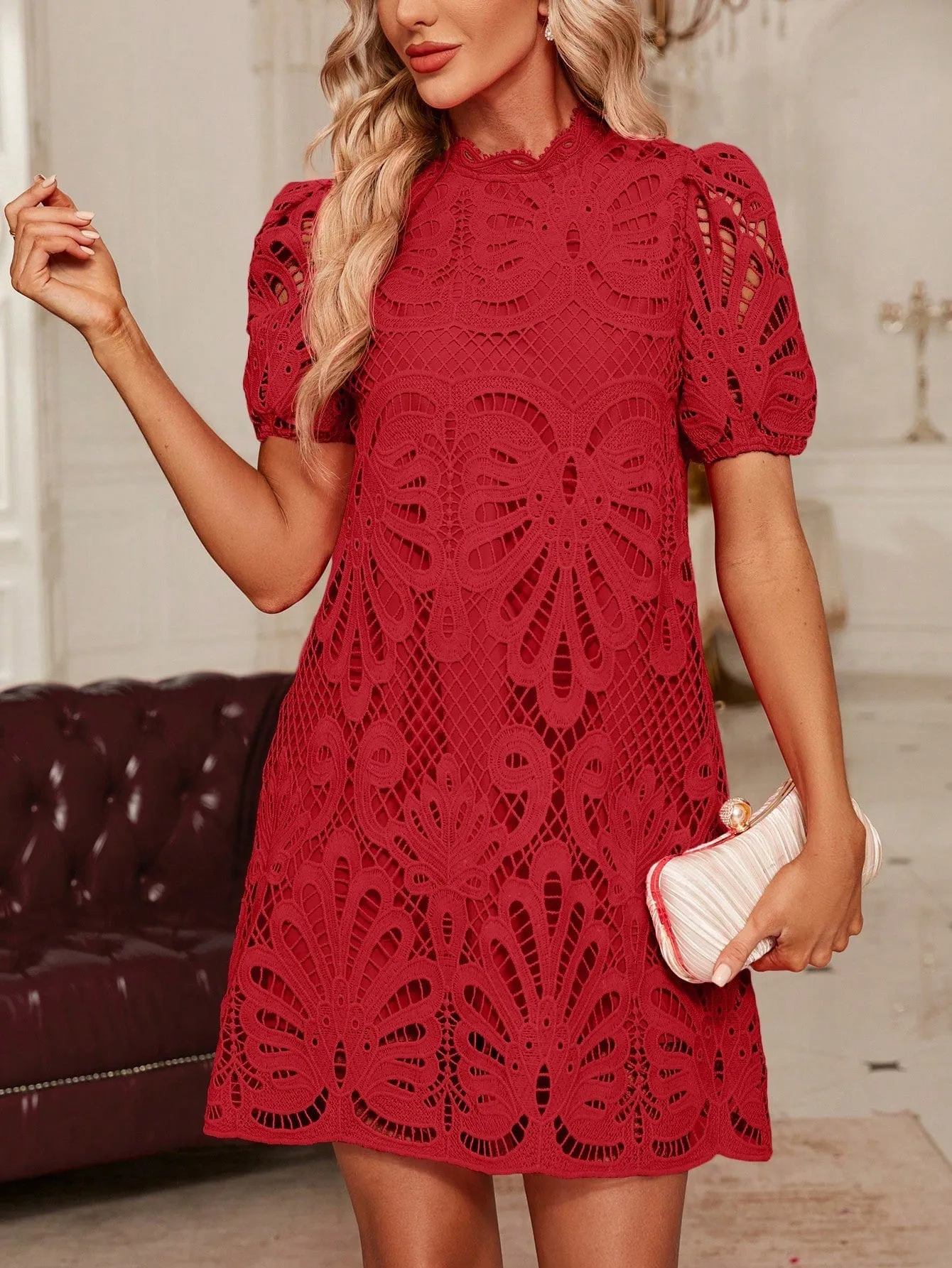 Elegant Women's Short Puff Sleeve Lace Dress with Ruffle Hem and Stand Collar