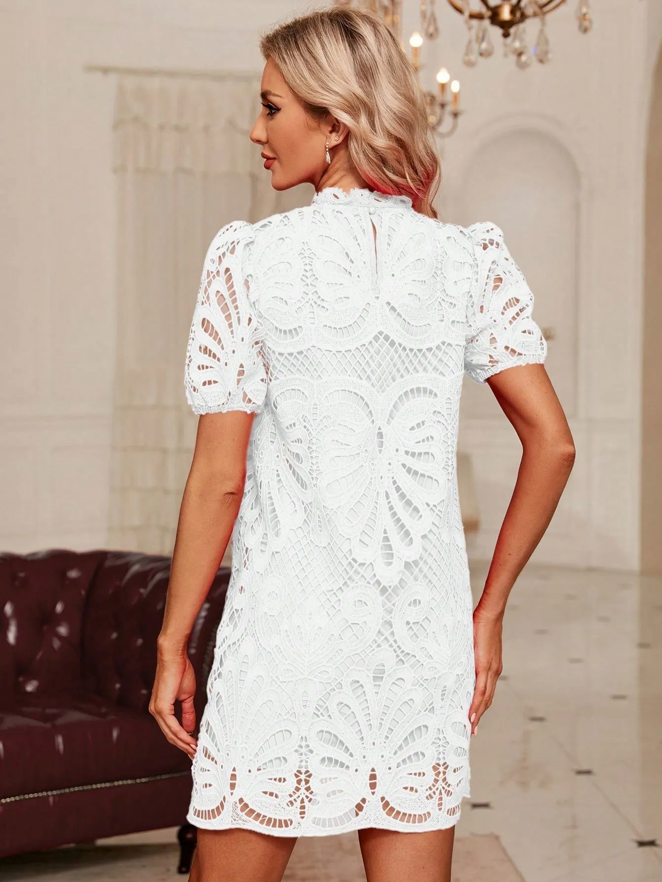 Elegant Women's Short Puff Sleeve Lace Dress with Ruffle Hem and Stand Collar