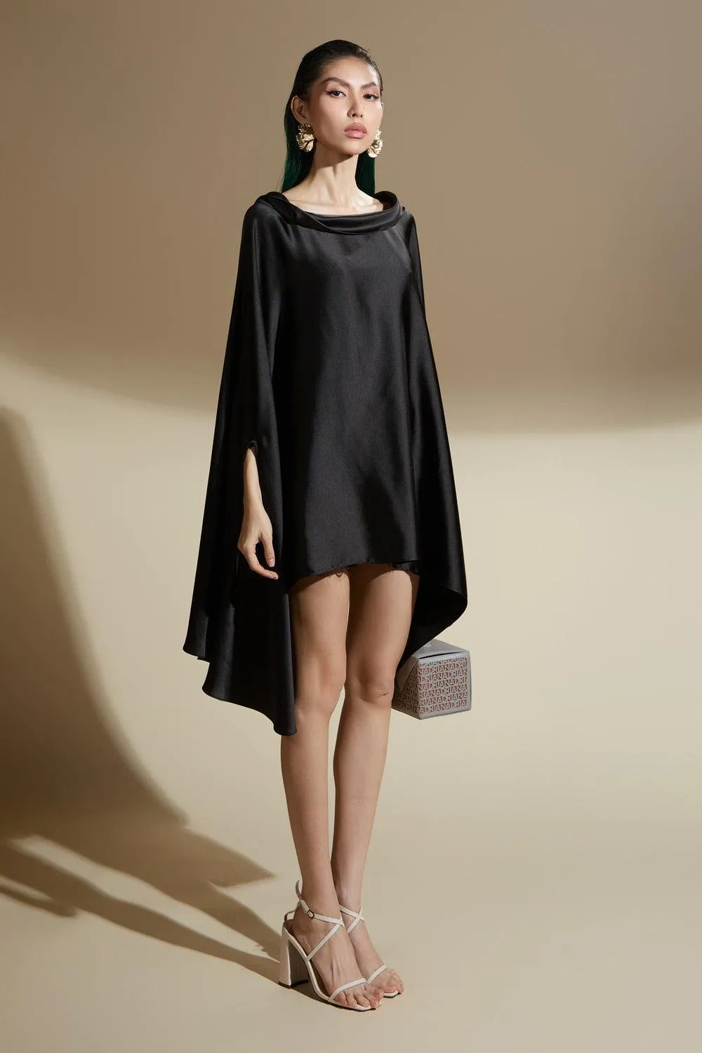 Emmalyn Flared Batwing Sleeved Silk Satin Mini Dress