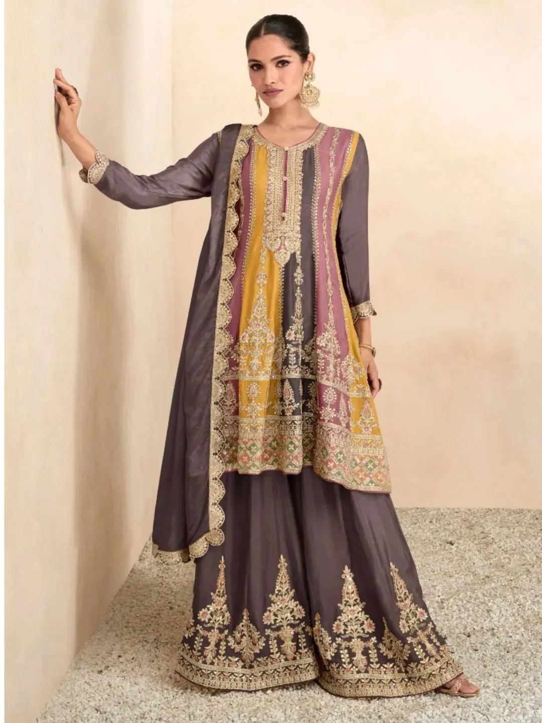 Exquisite Embroidered Pure Chinon Festive Wear Sharara Suit